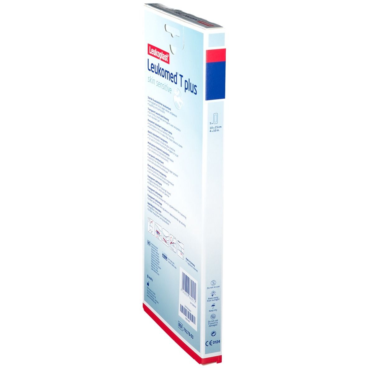 Leukomed T plus Verpackung, Seitenansicht. Produktinformationen und Anwendungshinweise.