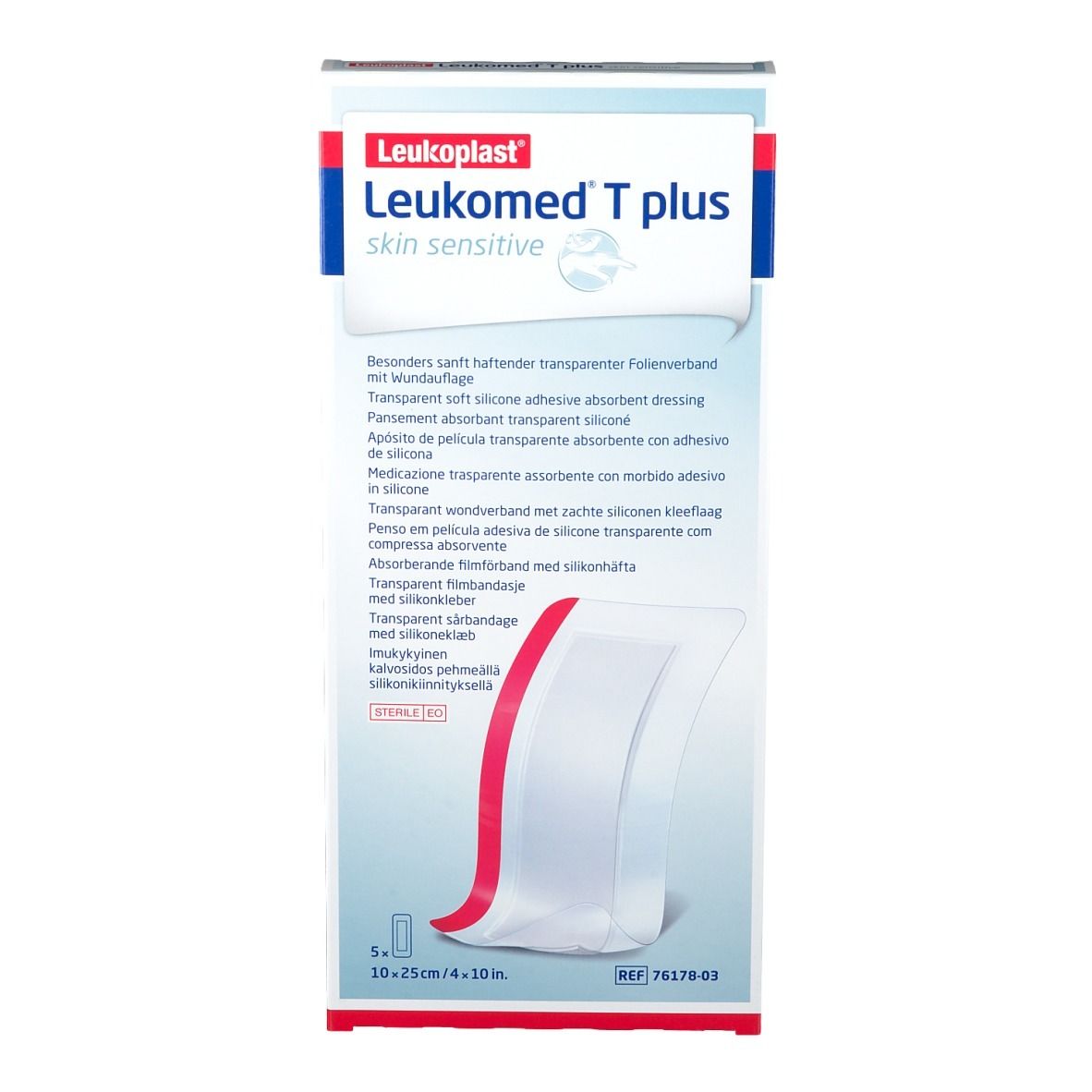 Leukomed T plus Verpackung. Transparentes Folienverband. 10x25cm. 5 Stück. Produktinformationen.