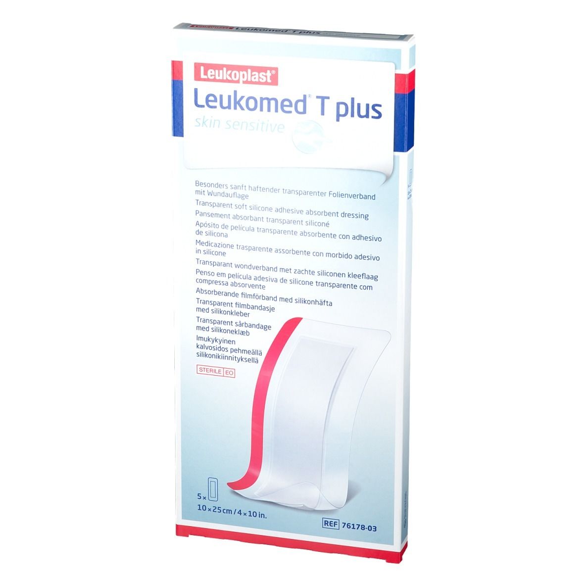 Leukomed T plus Verpackung. Transparentes Folienverband. 10x25cm. 5 Stück. Produktinformationen.