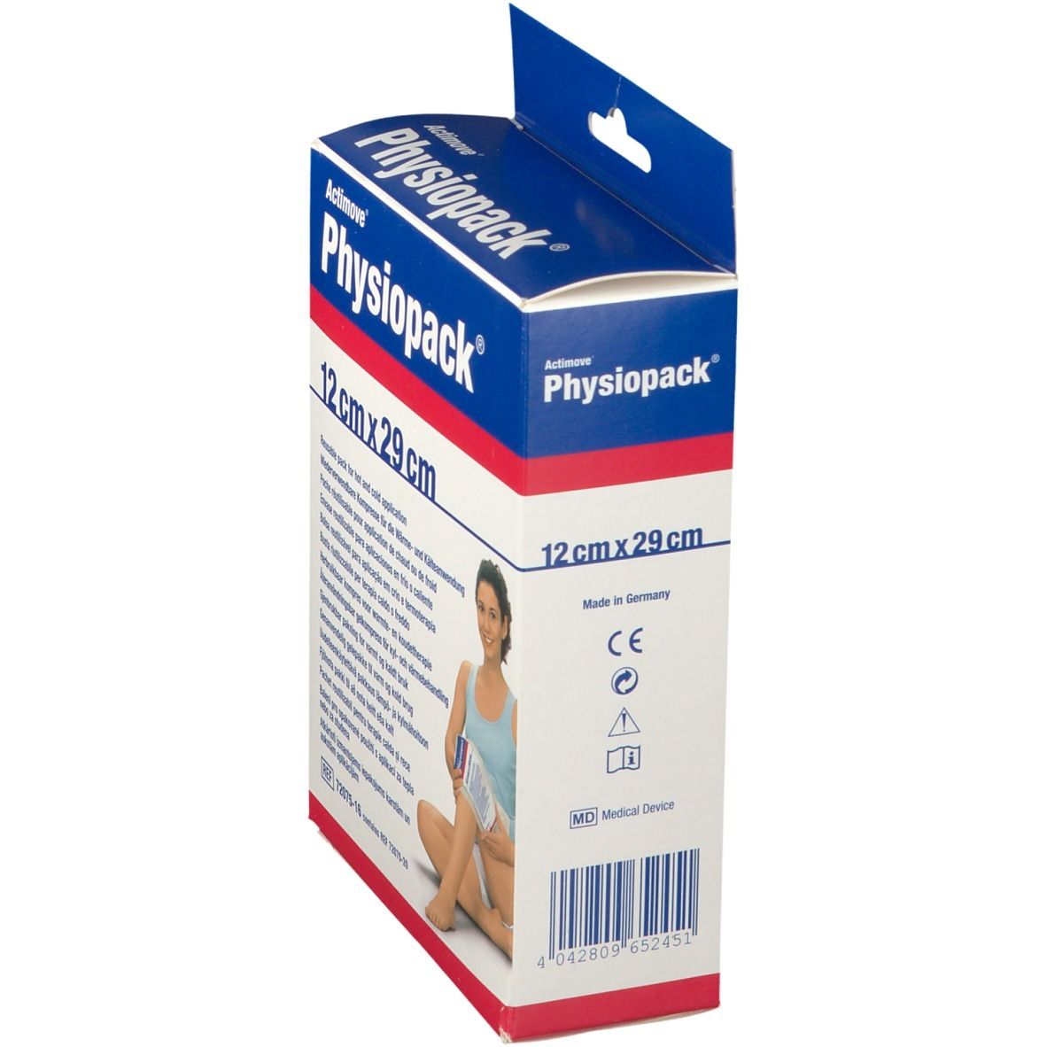 Emballage Actimove Physiopack, 12x29cm. Vue latérale avec informations produit, marquage CE et code-barres.