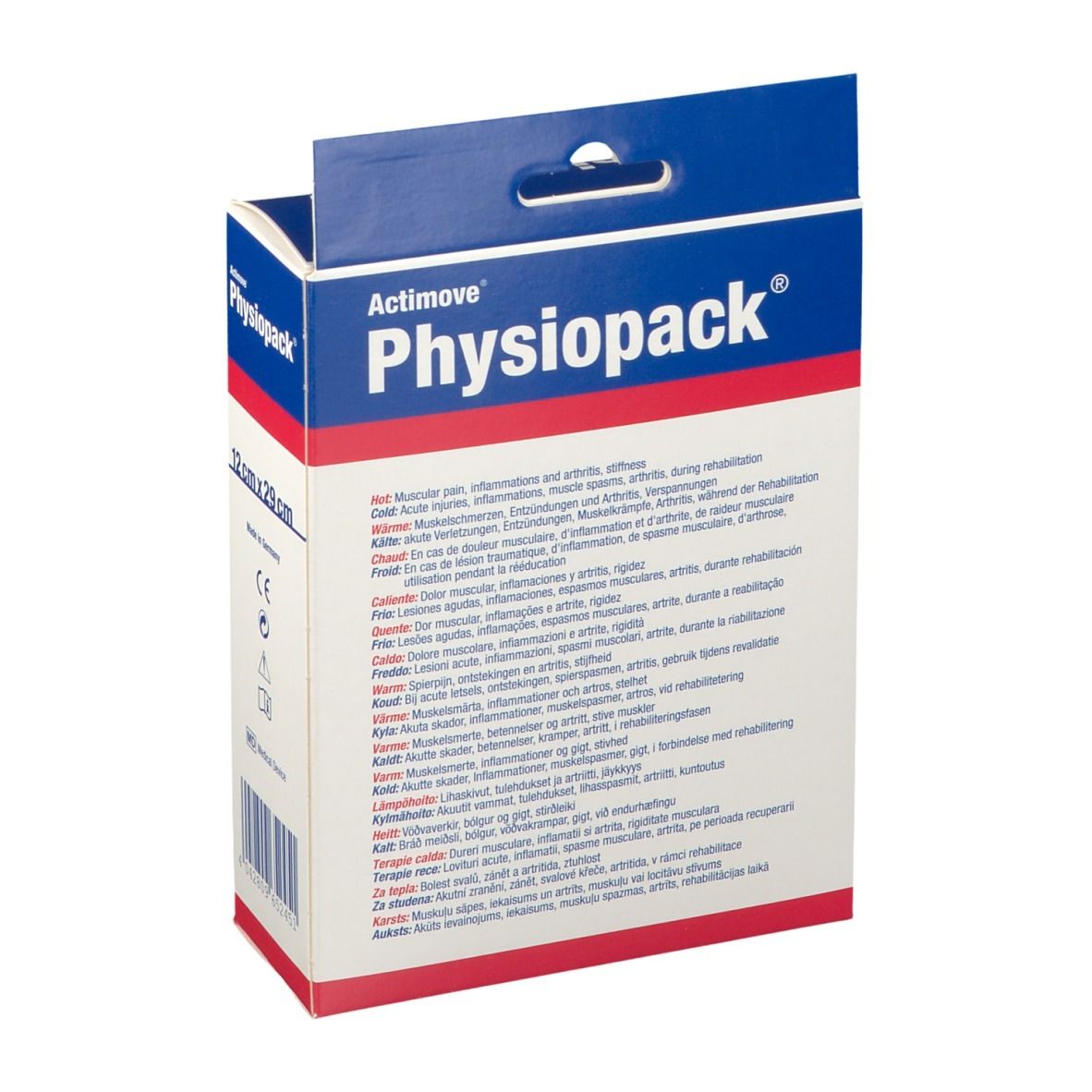 Emballage Actimove Physiopack. Dos avec informations produit multilingues et marquage CE.