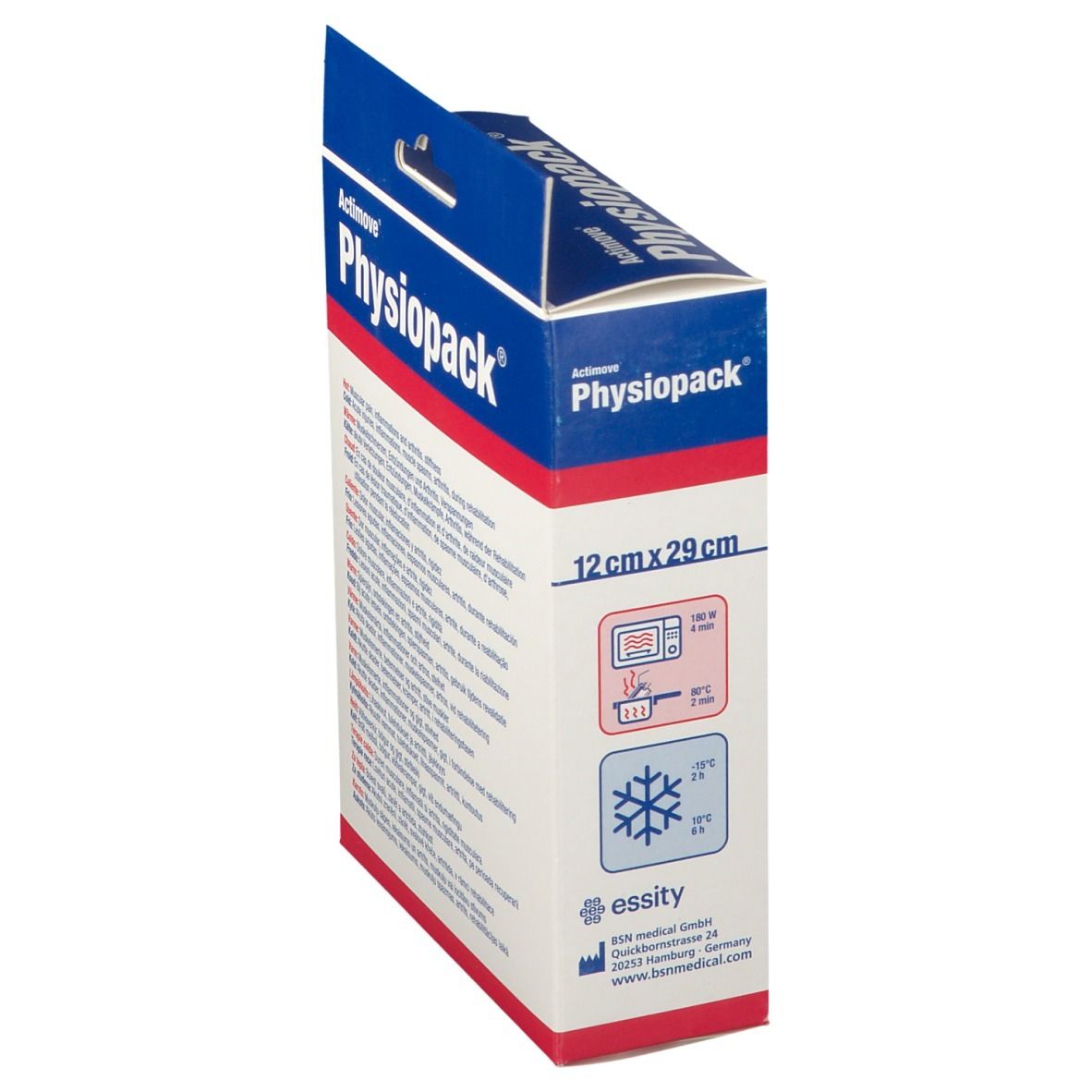 Emballage Actimove Physiopack. Vue latérale avec pictogrammes d'instructions et informations fabricant.