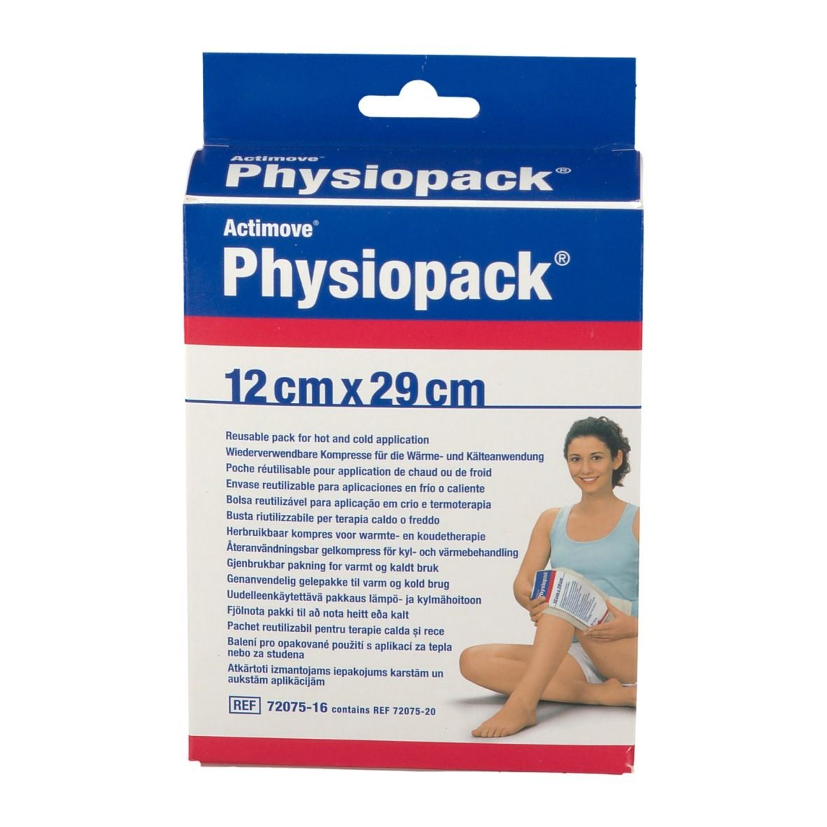 Actimove Physiopack, 12x29cm, compresse réutilisable. Emballage avec image du produit et instructions d'utilisation.