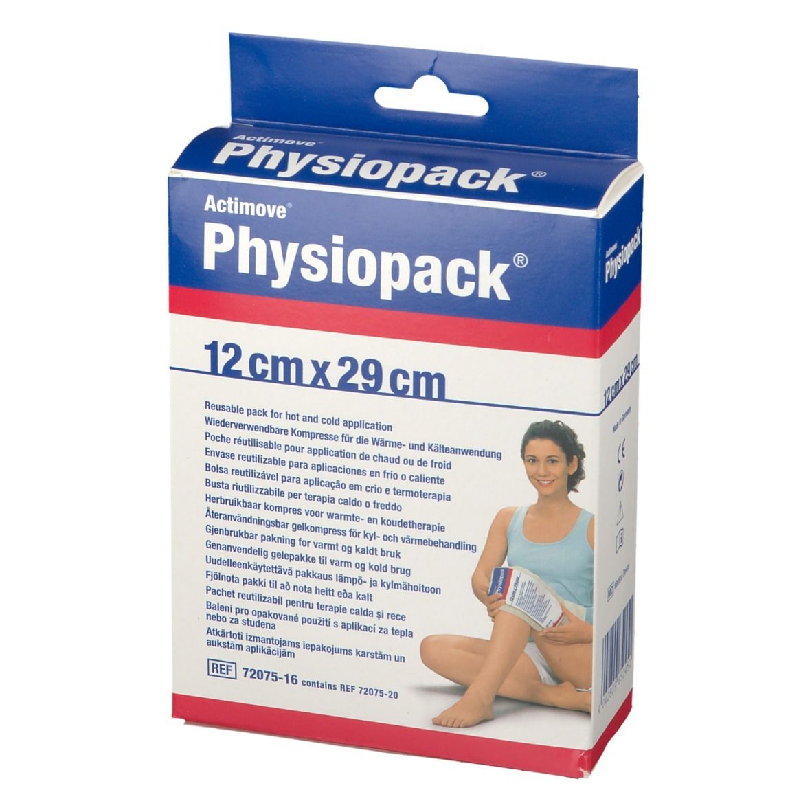 Actimove Physiopack, 12x29cm, compresse réutilisable. Emballage avec image du produit et instructions d'utilisation.