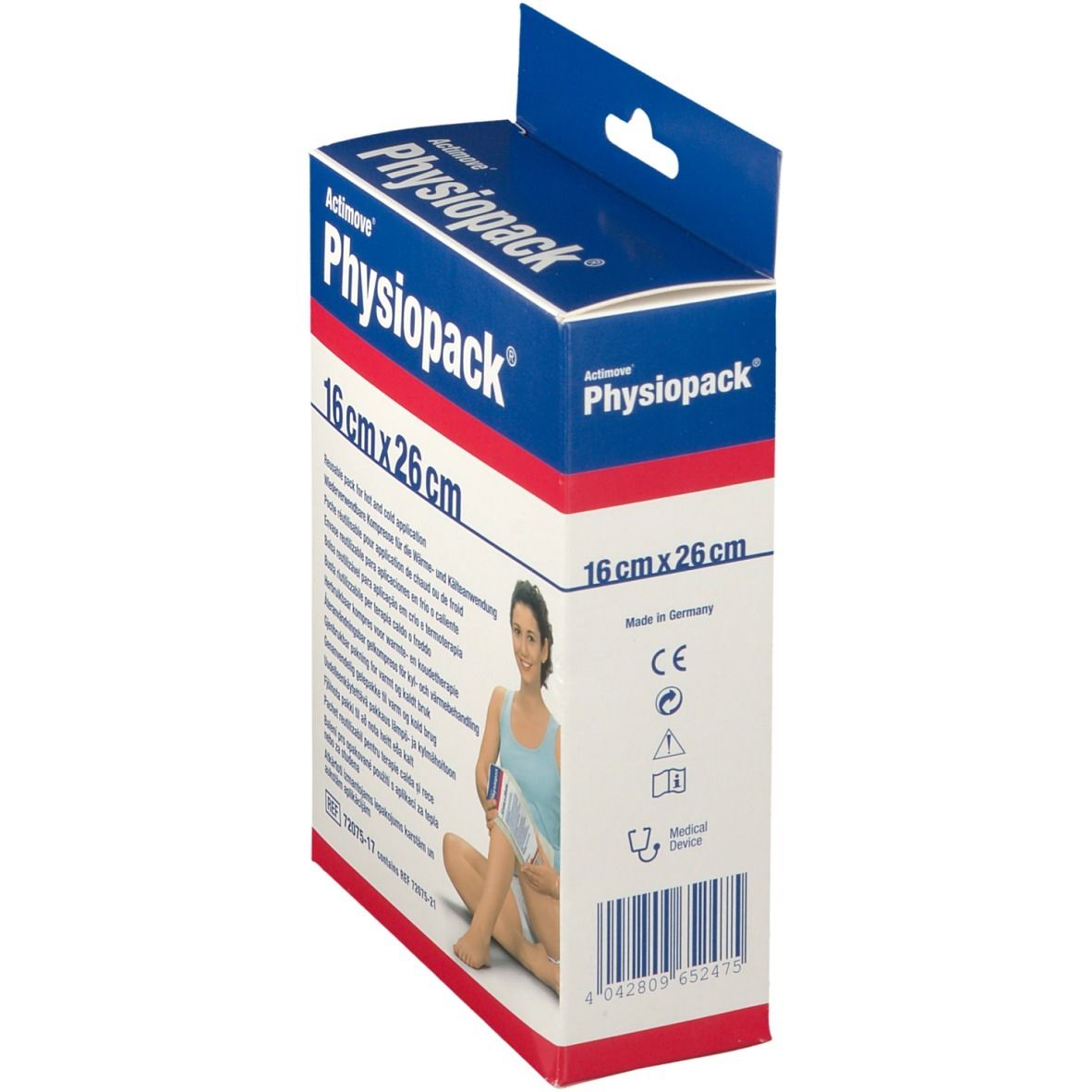 Emballage Actimove Physiopack, 16 x 26 cm. Vue latérale. Texte: marquage CE, Dispositif médical. Code-barres.