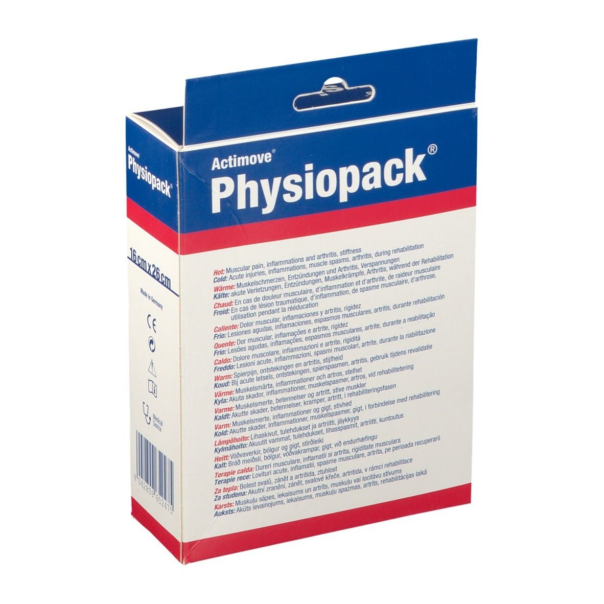 Dos de l'emballage Actimove Physiopack. Texte multilingue: utilisation pour douleurs musculaires, articulaires, etc.