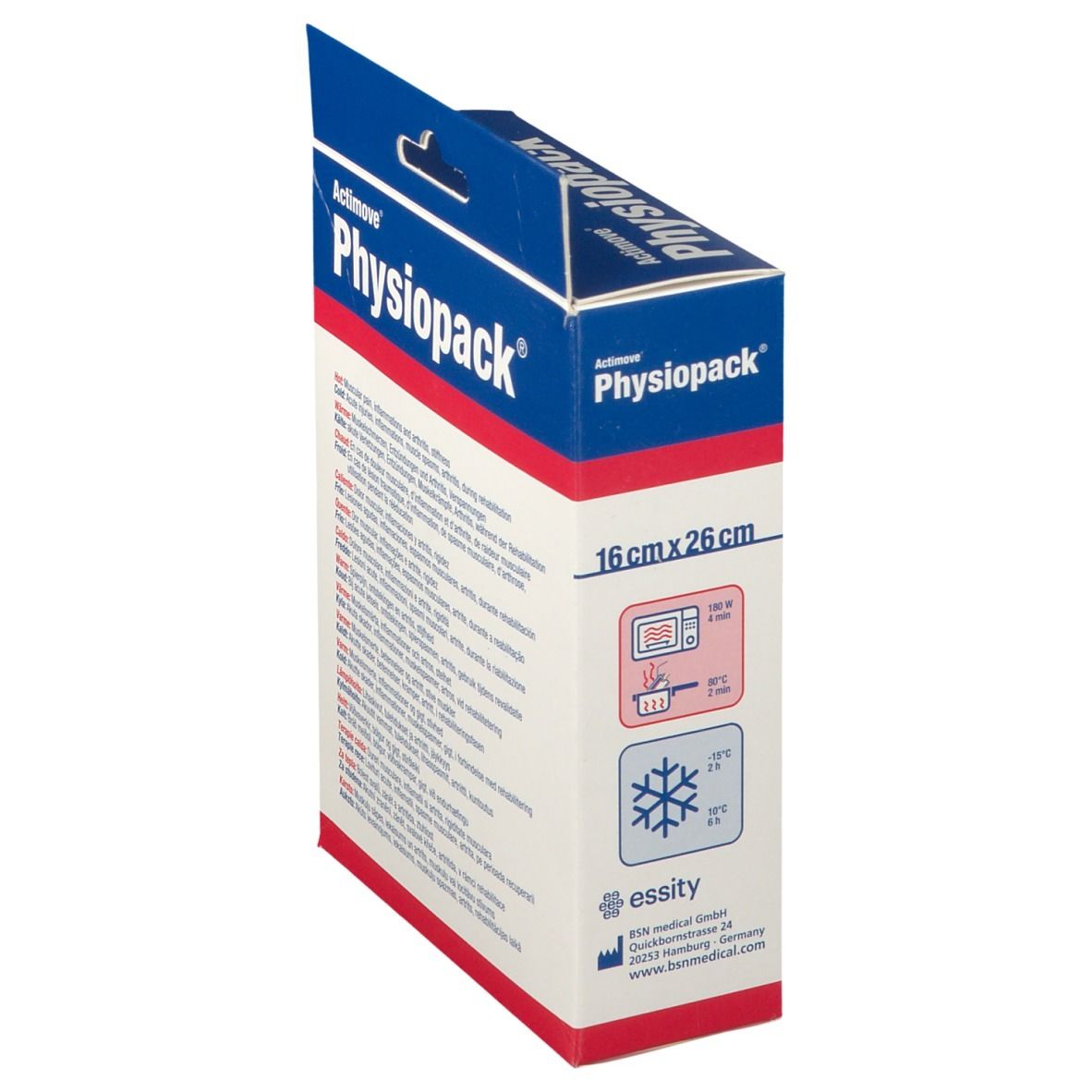 Emballage Actimove Physiopack, 16 x 26 cm. Texte: symboles micro-ondes et congélation. Adresse du fabricant.