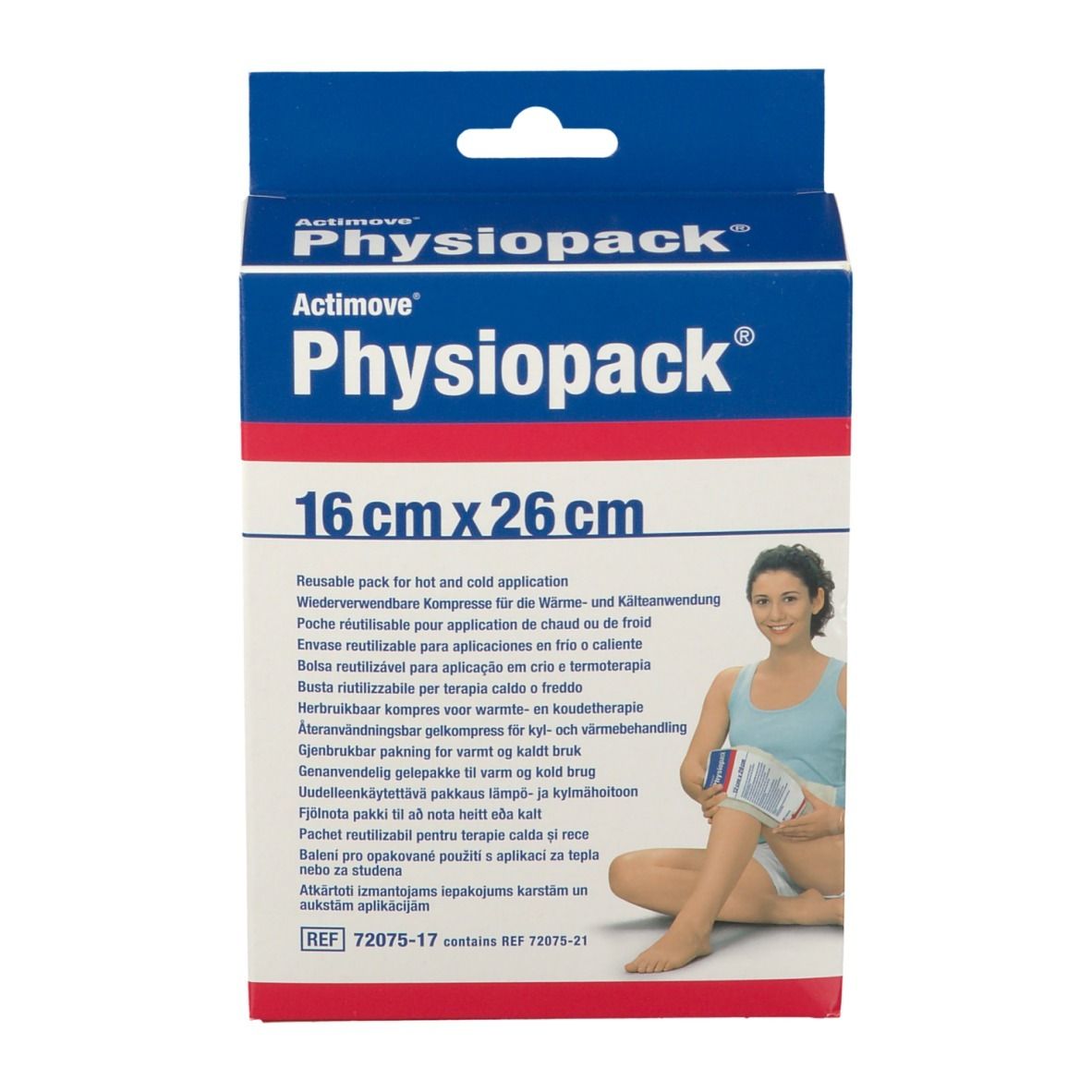 Emballage Actimove Physiopack, 16 x 26 cm. Compresse réutilisable chaud/froid. Femme avec produit.
