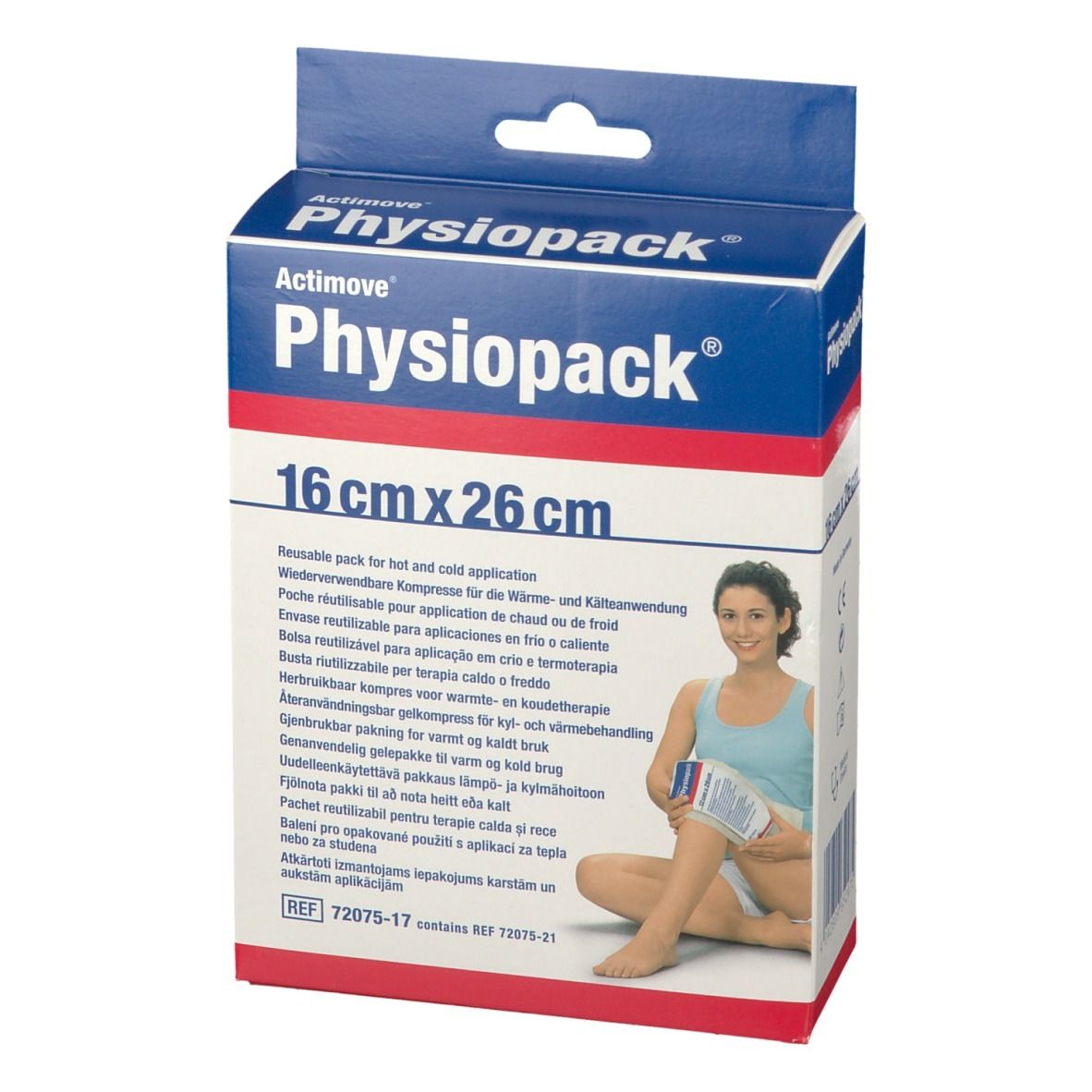 Emballage Actimove Physiopack, 16 x 26 cm. Compresse réutilisable chaud/froid. Femme avec produit.