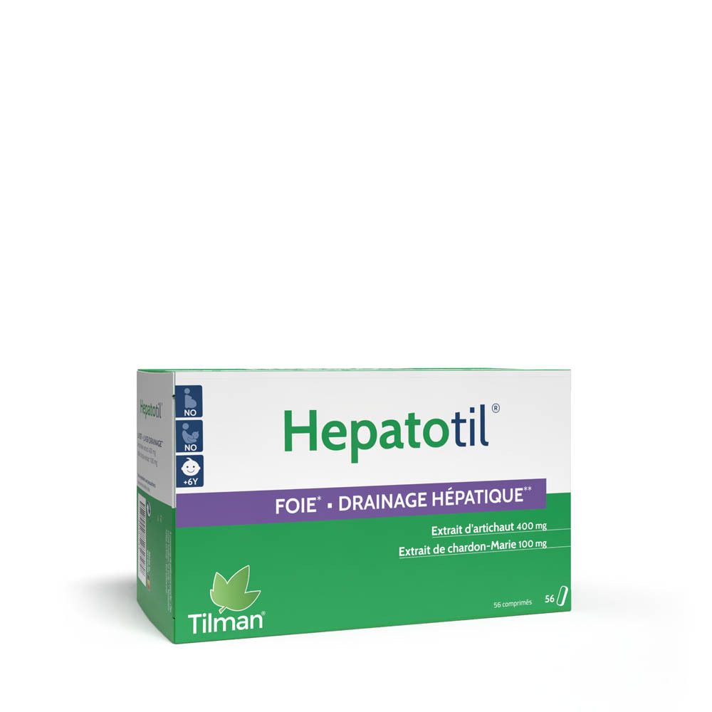 Boîte "Hepatotil" avec nom et ingrédients. Design vert et blanc. 56 comprimés.