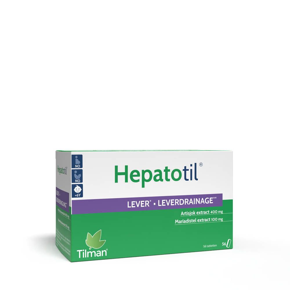 Doosje "Hepatotil" met naam en ingrediënten. Groen-wit ontwerp. 56 tabletten.