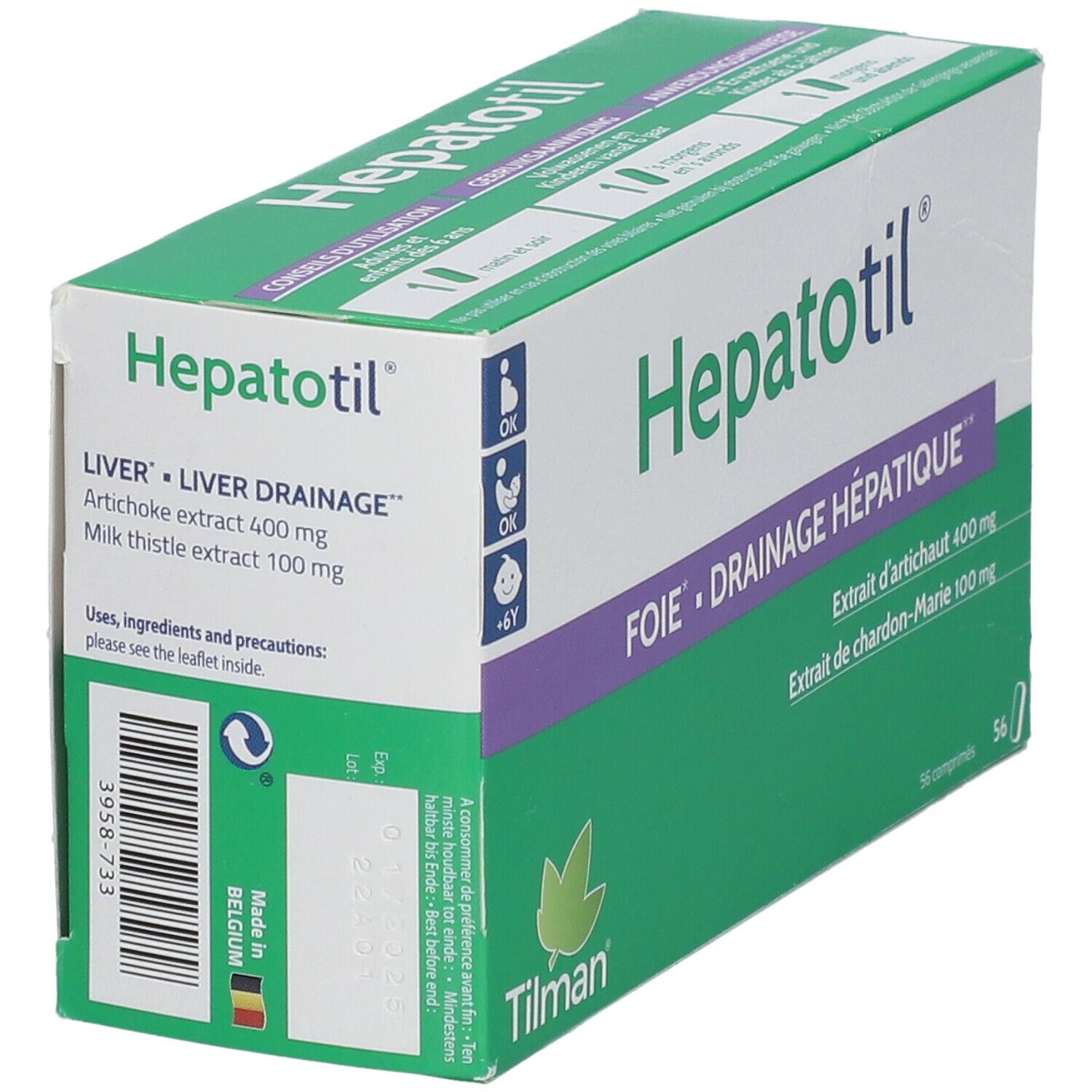 Boîte de comprimés "Hepatotil". Design vert et blanc avec nom du produit et ingrédients. 56 comprimés.