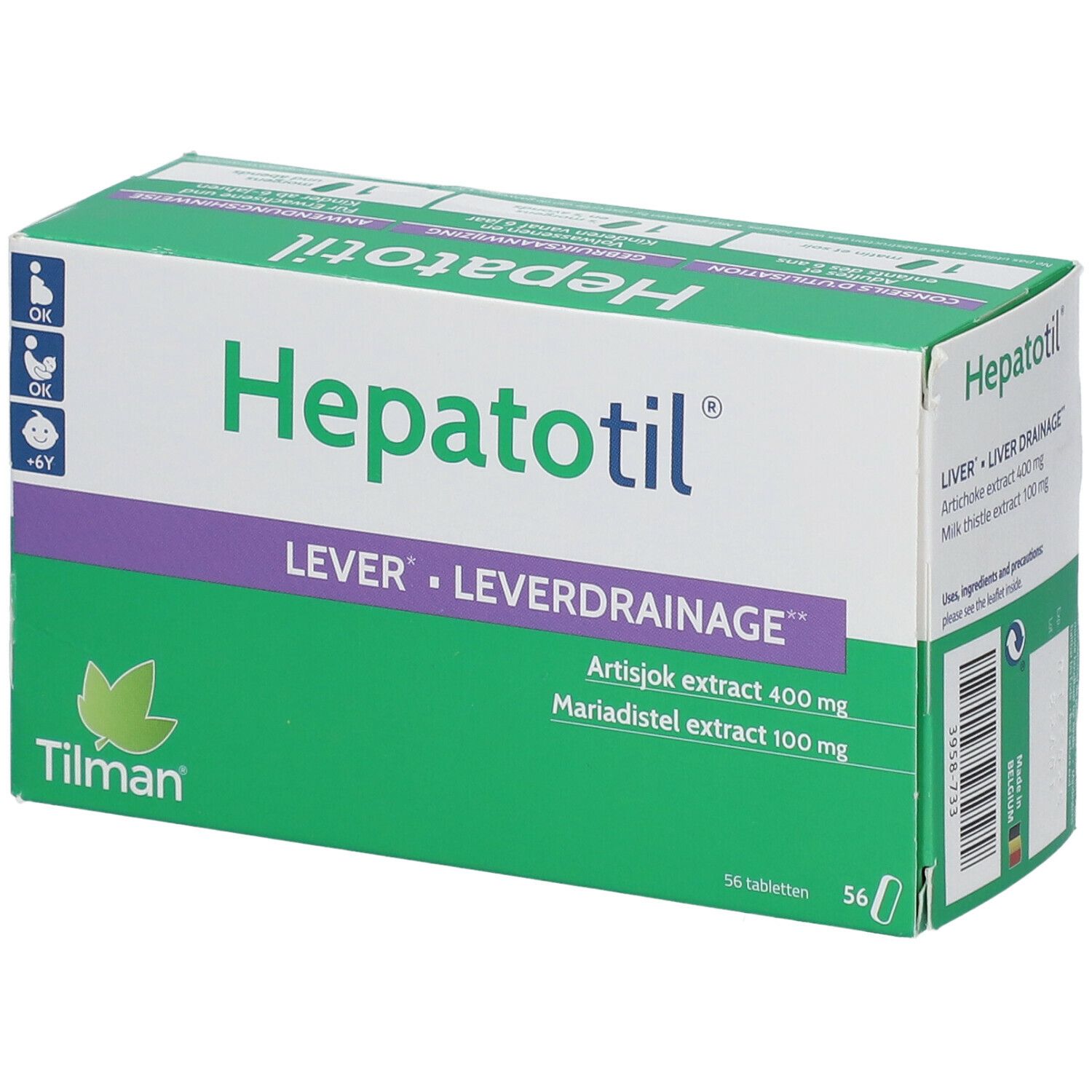 Boîte de comprimés "Hepatotil". Design vert et blanc avec nom du produit et ingrédients. 56 comprimés.