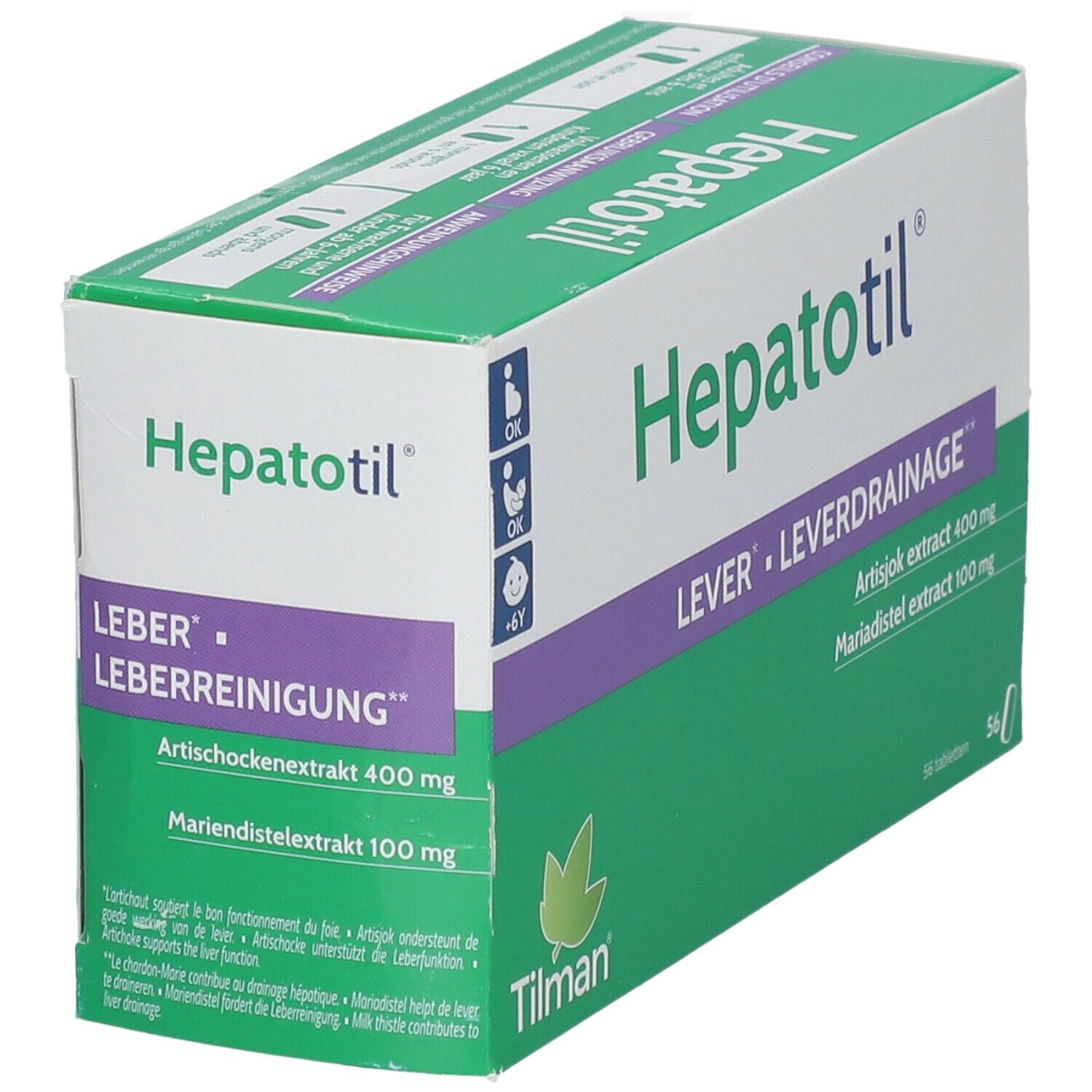 Boîte de comprimés "Hepatotil". Design vert et blanc avec nom du produit et ingrédients. 56 comprimés.