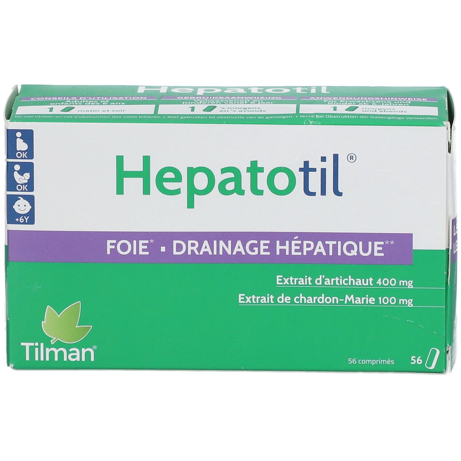 Boîte de comprimés "Hepatotil". Design vert et blanc avec nom du produit et ingrédients. 56 comprimés.