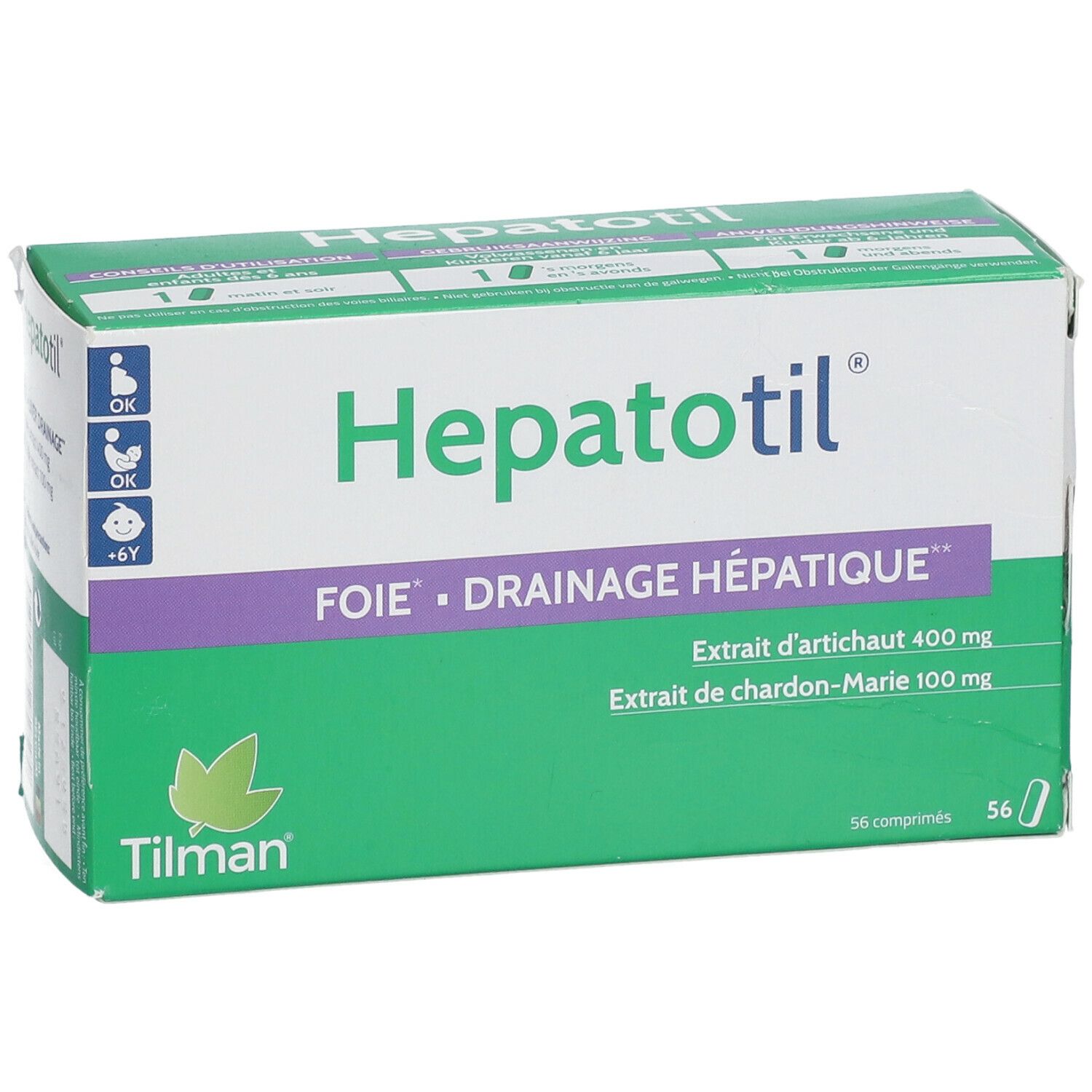 Boîte de comprimés "Hepatotil". Design vert et blanc avec nom du produit et ingrédients. 56 comprimés.