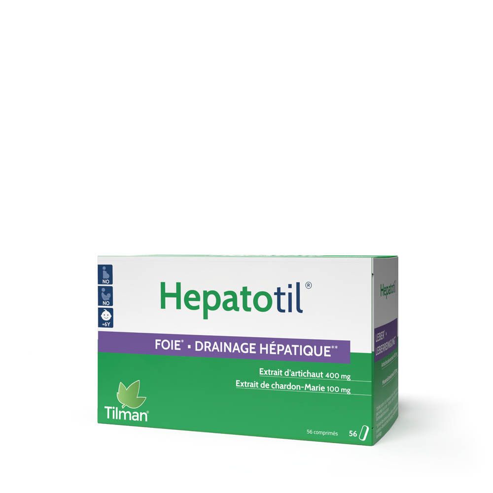 Boîte "Hepatotil" avec nom et ingrédients. Design vert et blanc. 56 comprimés.