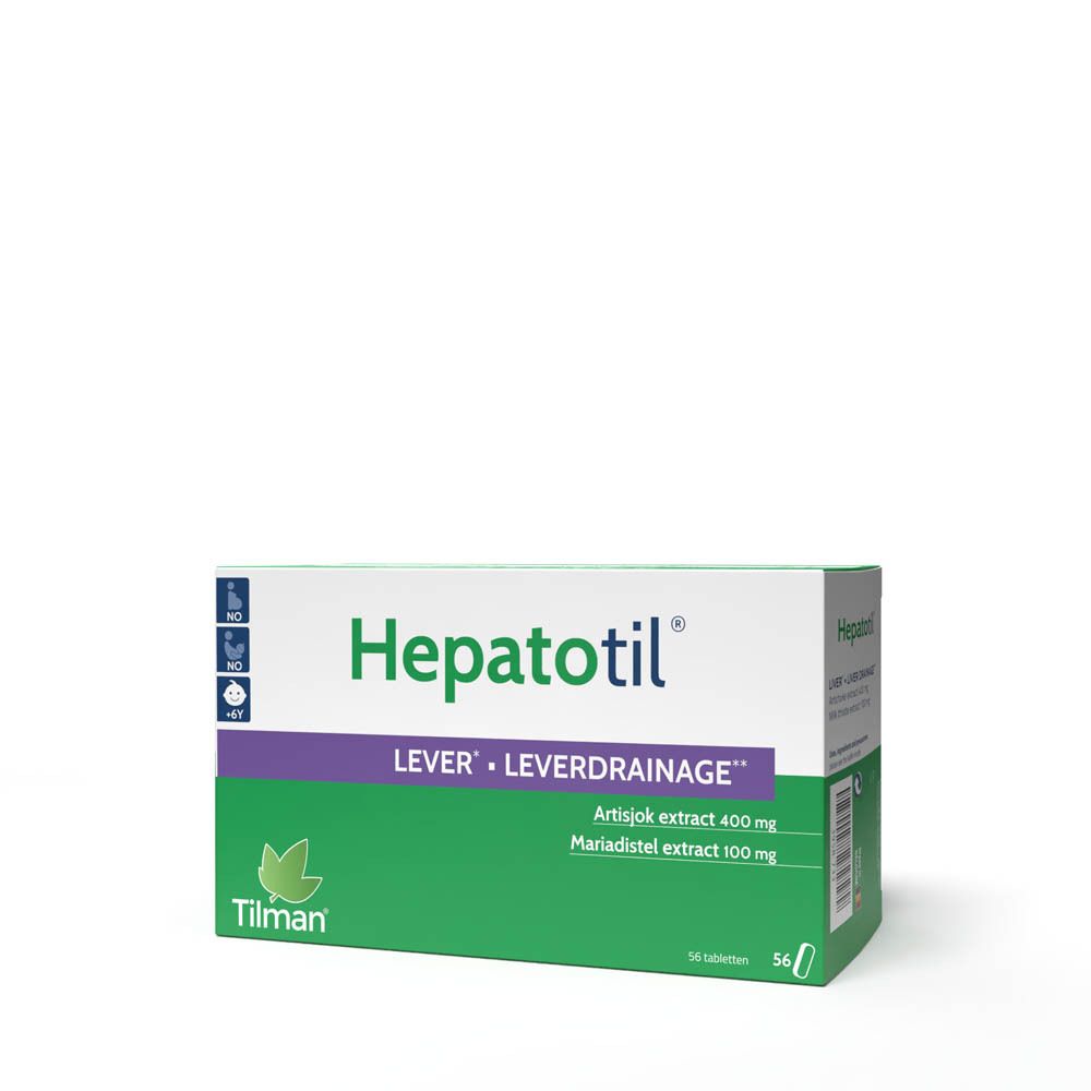 Doosje "Hepatotil" met naam en ingrediënten. Groen-wit ontwerp. 56 tabletten.