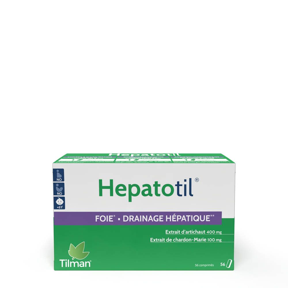 Boîte "Hepatotil" avec nom et ingrédients. Design vert et blanc. 56 comprimés.