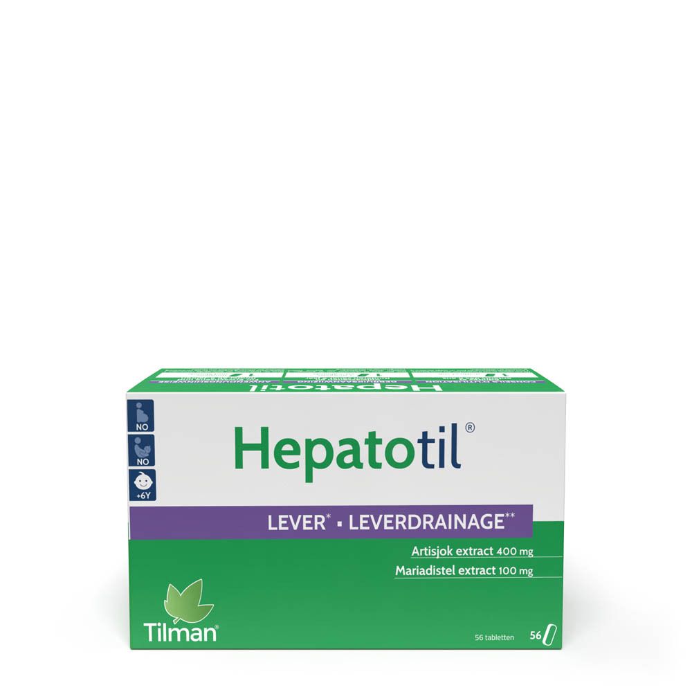 Doosje "Hepatotil" met naam en ingrediënten. Groen-wit ontwerp. 56 tabletten.