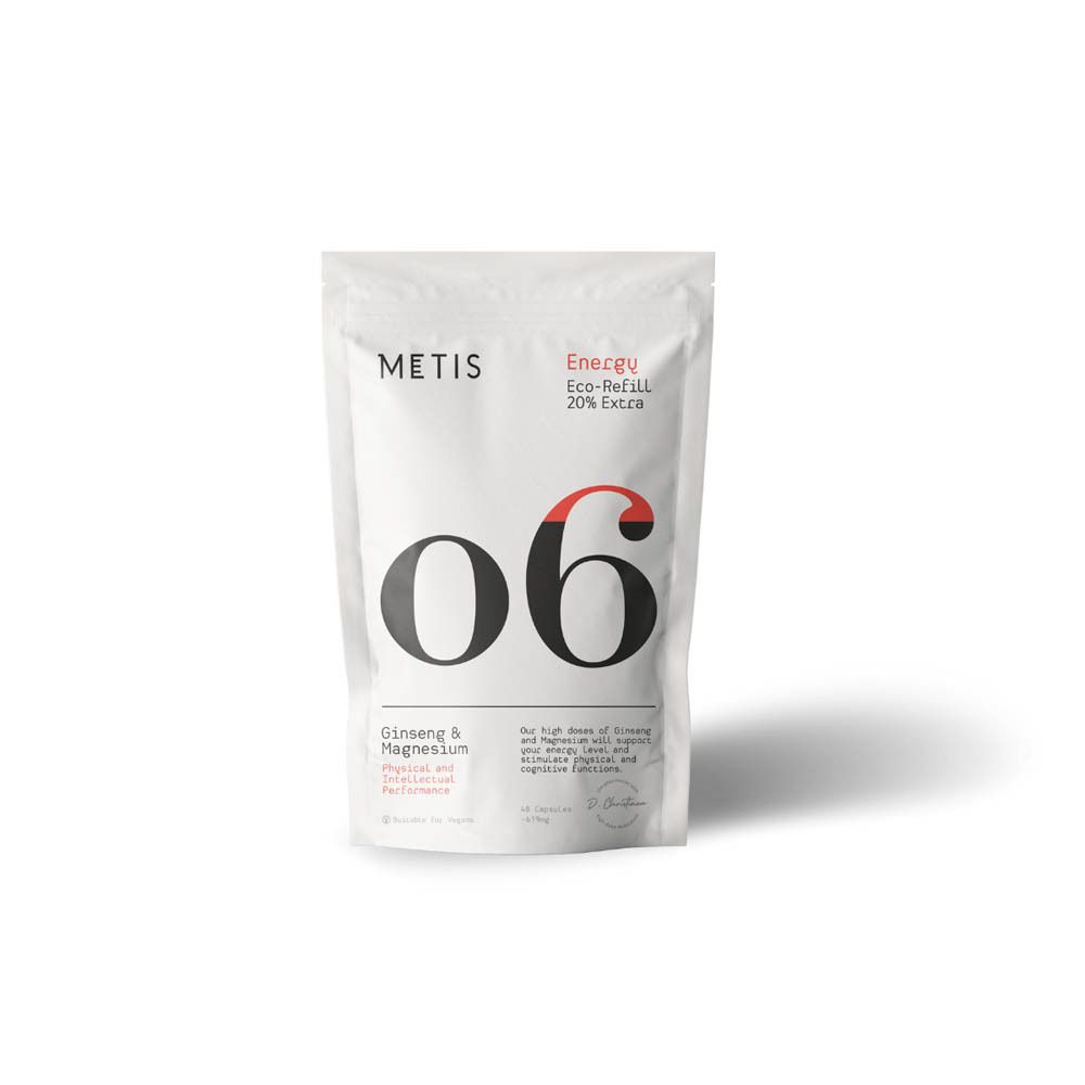 Zakje "Metis 06 Energy Eco-Refill". Zwarte en rode tekst. Ginseng & Magnesium. 20% Extra.