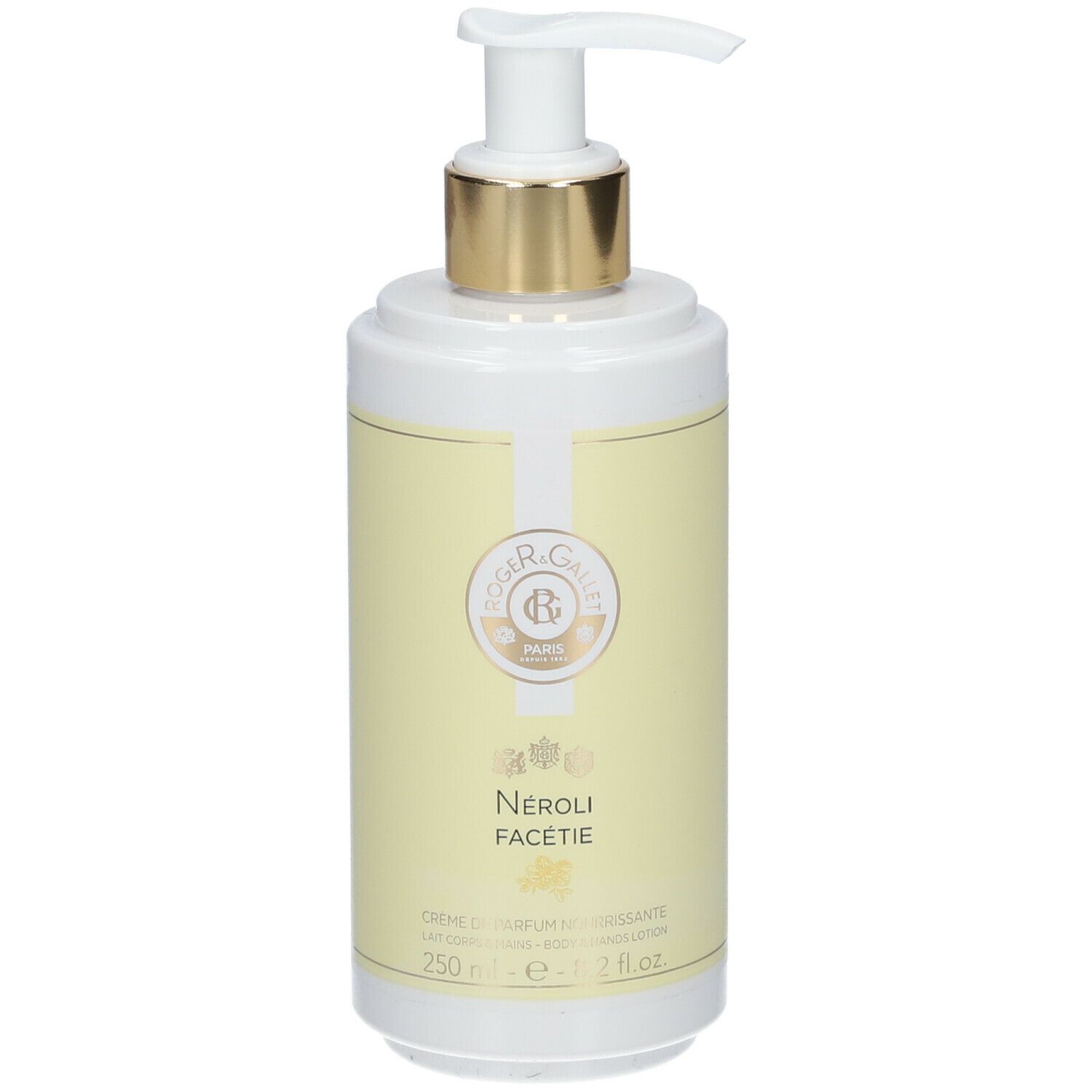 Flacon blanc et jaune avec pompe doseuse. Inscription: Roger & Gallet, Neroli Facétie, Crème de Parfum Nourrissante.