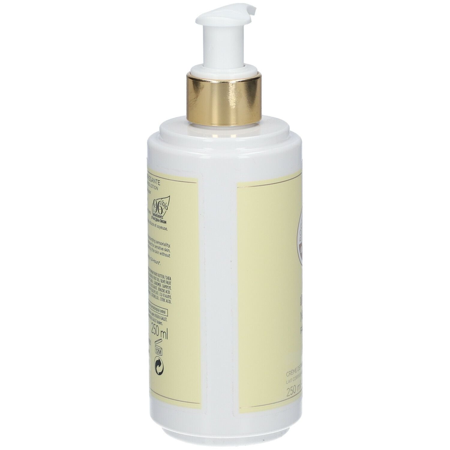 Flacon blanc et jaune avec pompe doseuse. Inscription: Roger & Gallet, Neroli Facétie, Crème de Parfum Nourrissante.
