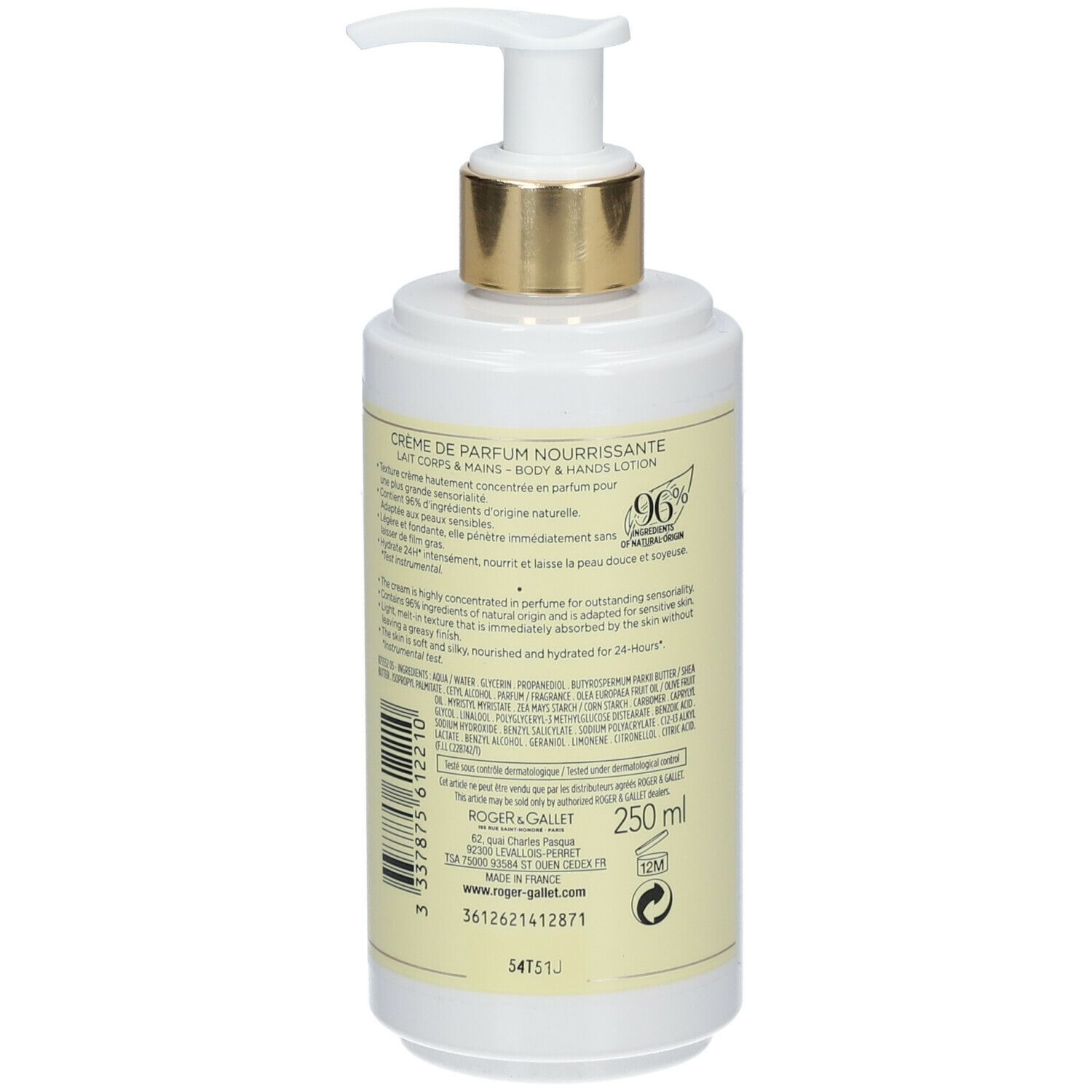 Flacon blanc et jaune avec pompe doseuse. Inscription: Roger & Gallet, Neroli Facétie, Crème de Parfum Nourrissante.