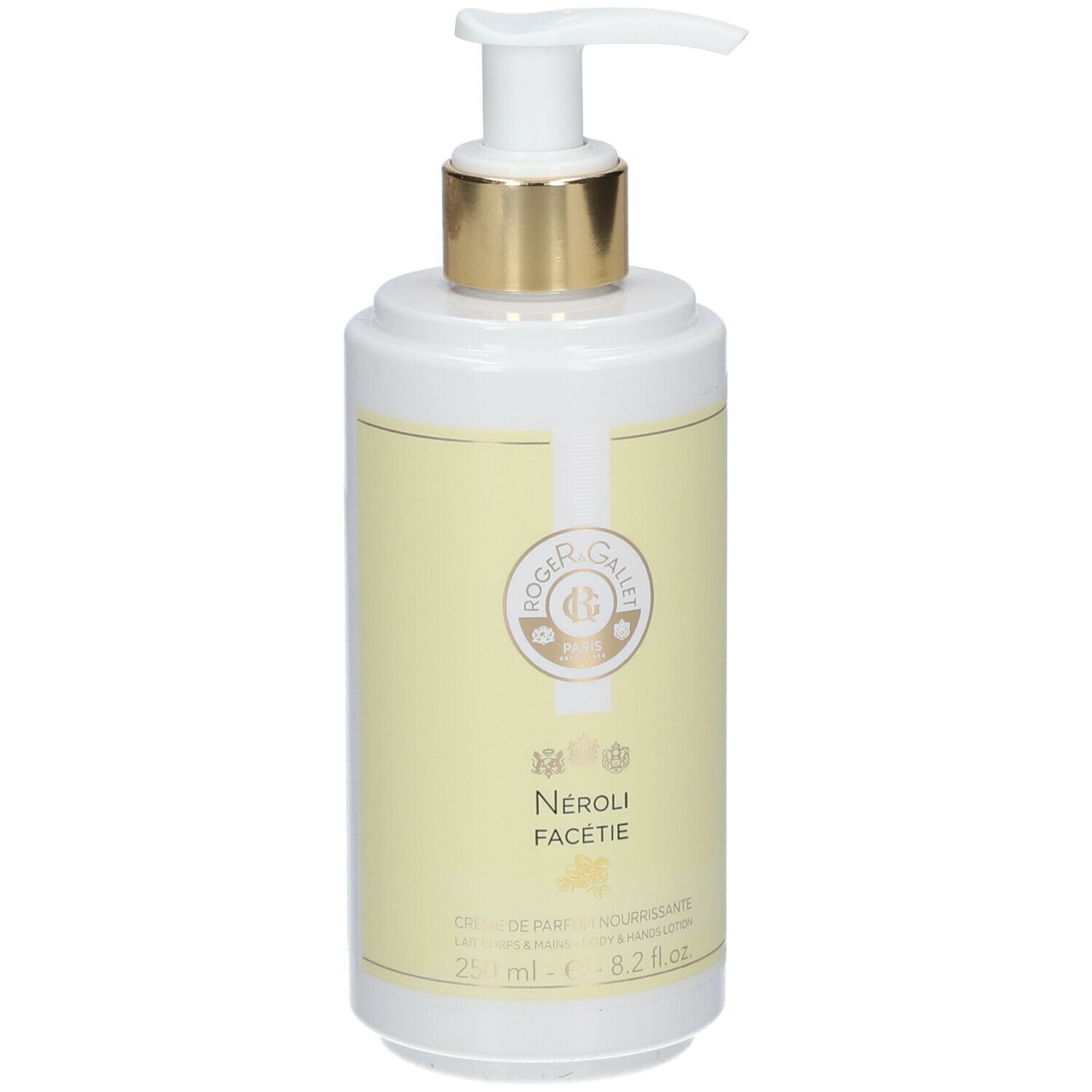 Flacon blanc et jaune avec pompe doseuse. Inscription: Roger & Gallet, Neroli Facétie, Crème de Parfum Nourrissante.