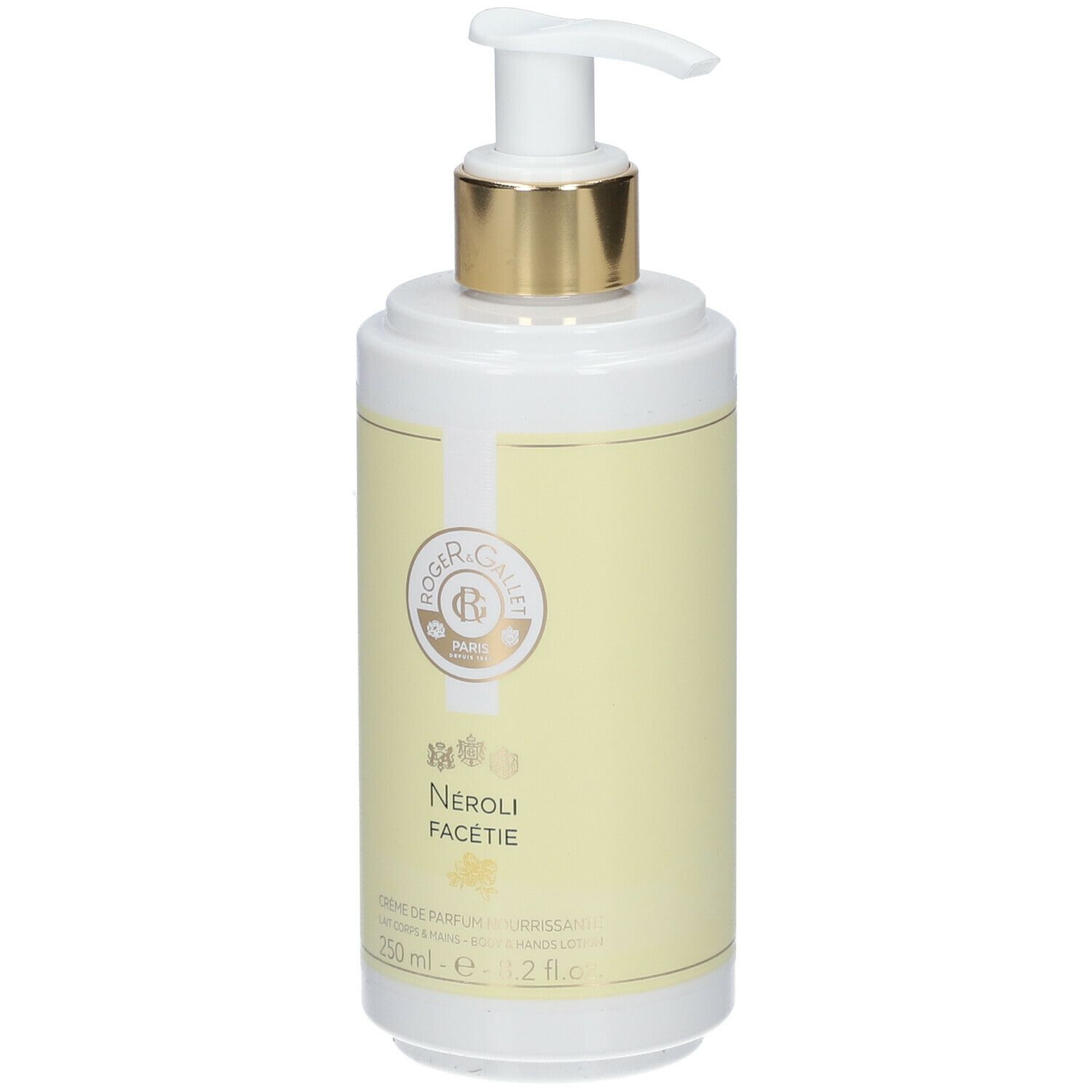 Flacon blanc et jaune avec pompe doseuse. Inscription: Roger & Gallet, Neroli Facétie, Crème de Parfum Nourrissante.