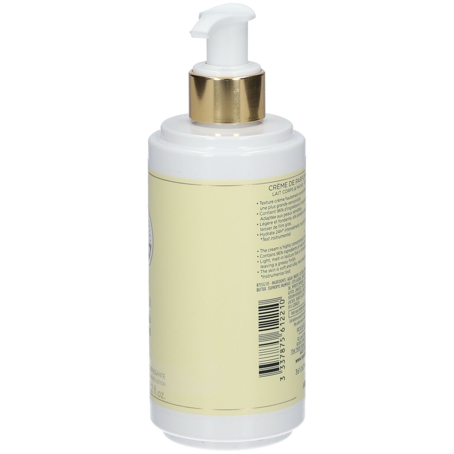 Flacon blanc et jaune avec pompe doseuse. Inscription: Roger & Gallet, Neroli Facétie, Crème de Parfum Nourrissante.