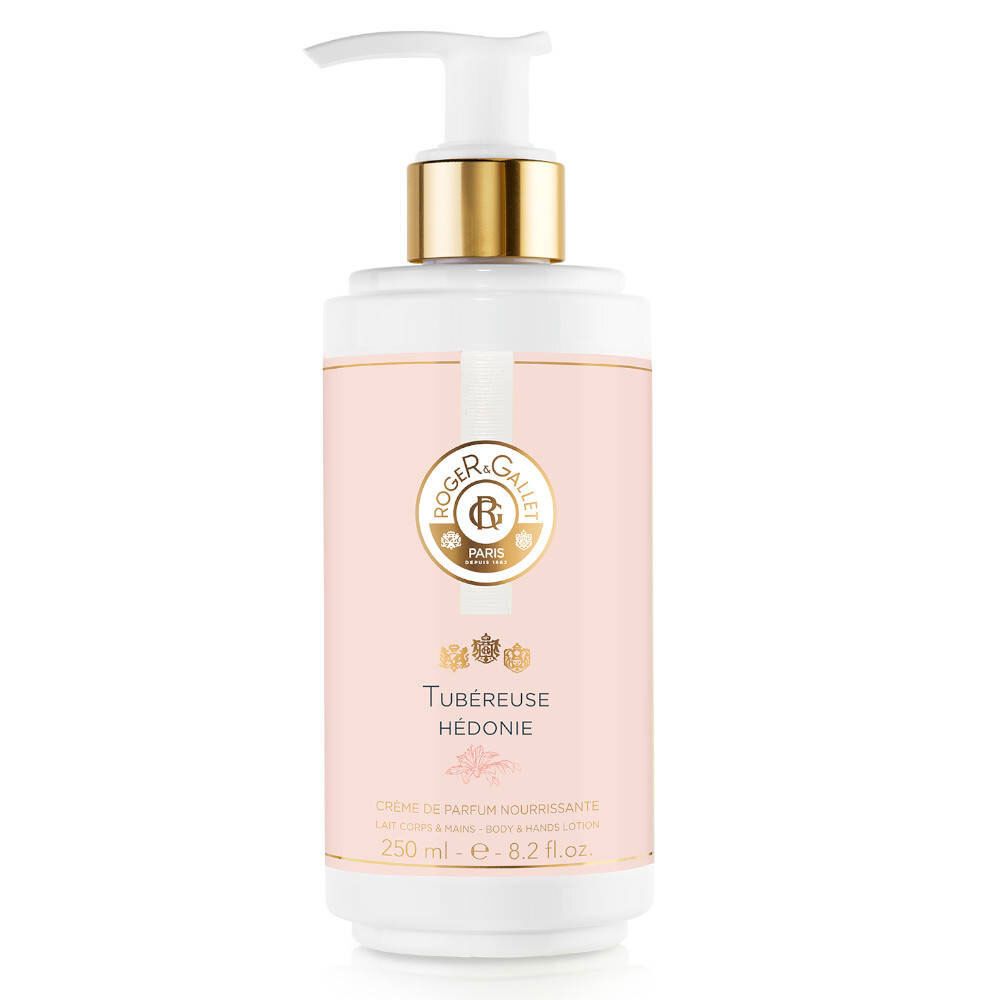 Flacon blanc avec étiquette rose. Tête de pompe dorée. Inscription: Tubereuse Hedonie, 250 ml.