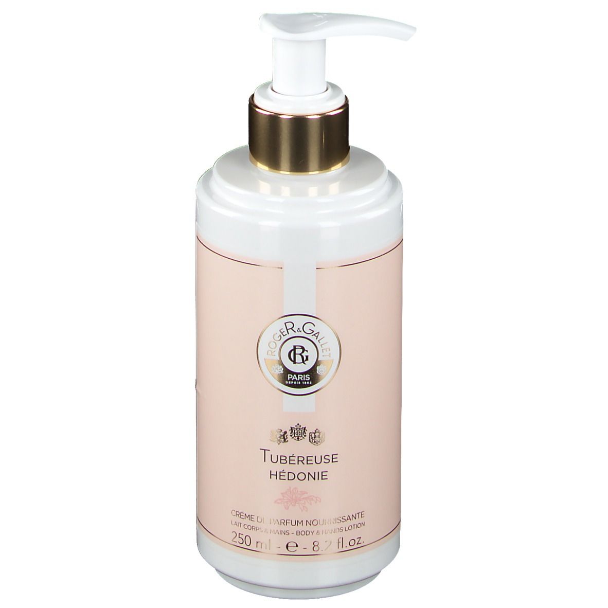Flacon blanc avec étiquette rose. Tête de pompe dorée. Inscription: Tubereuse Hedonie, 250 ml.