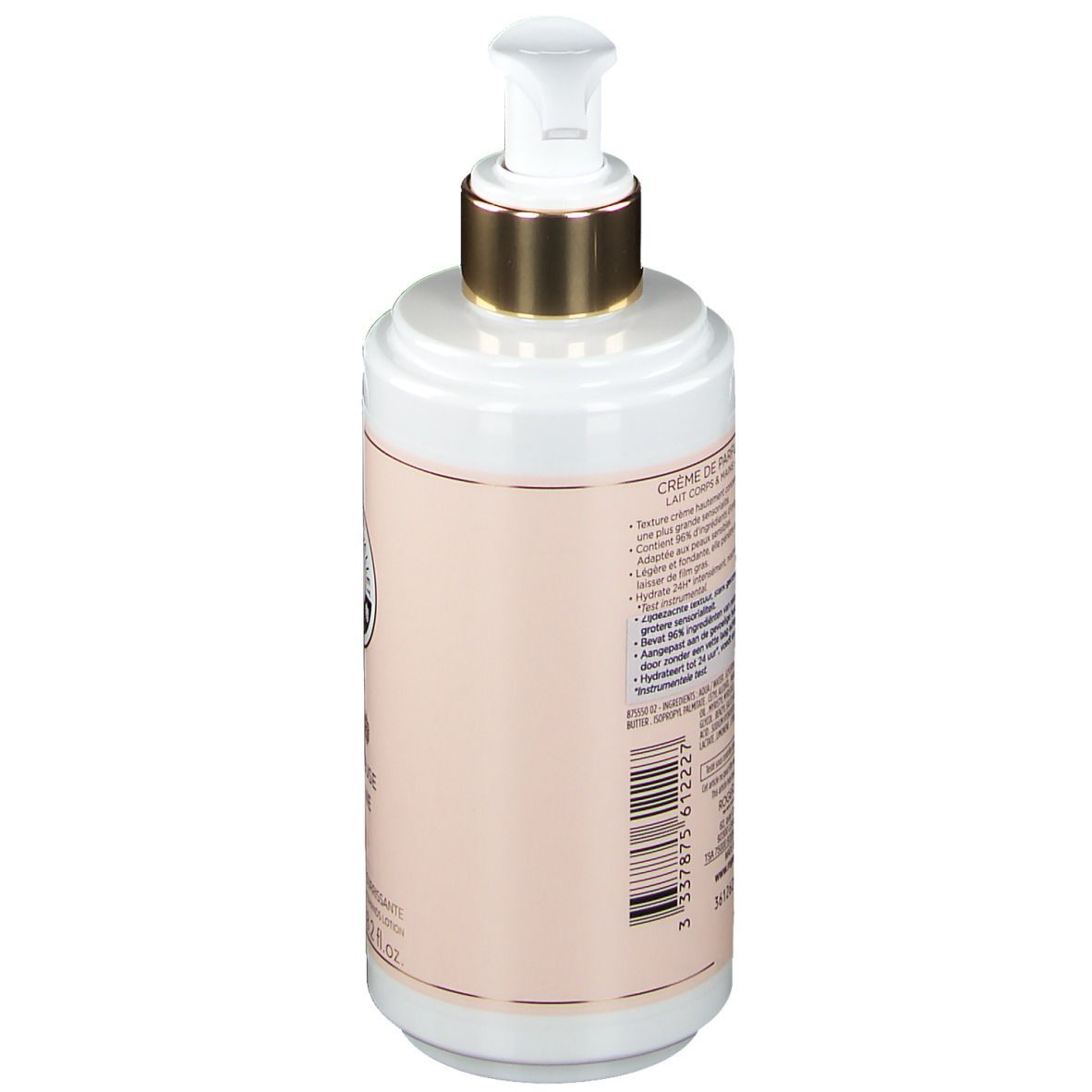 Flacon blanc avec étiquette rose. Tête de pompe dorée. Inscription: Tubereuse Hedonie, 250 ml.