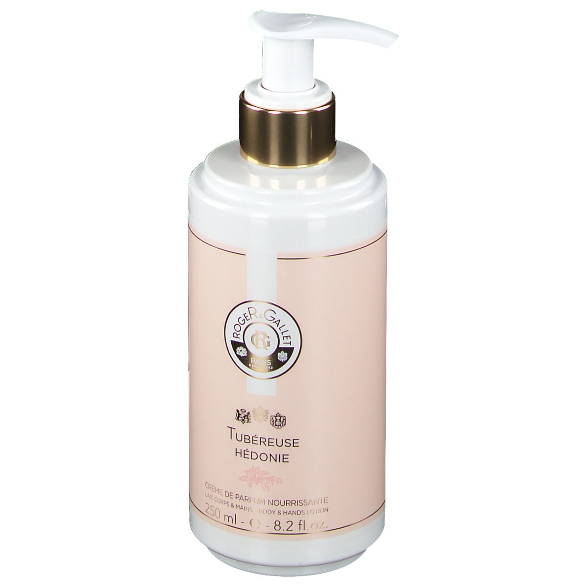 Flacon blanc avec étiquette rose. Tête de pompe dorée. Inscription: Tubereuse Hedonie, 250 ml.