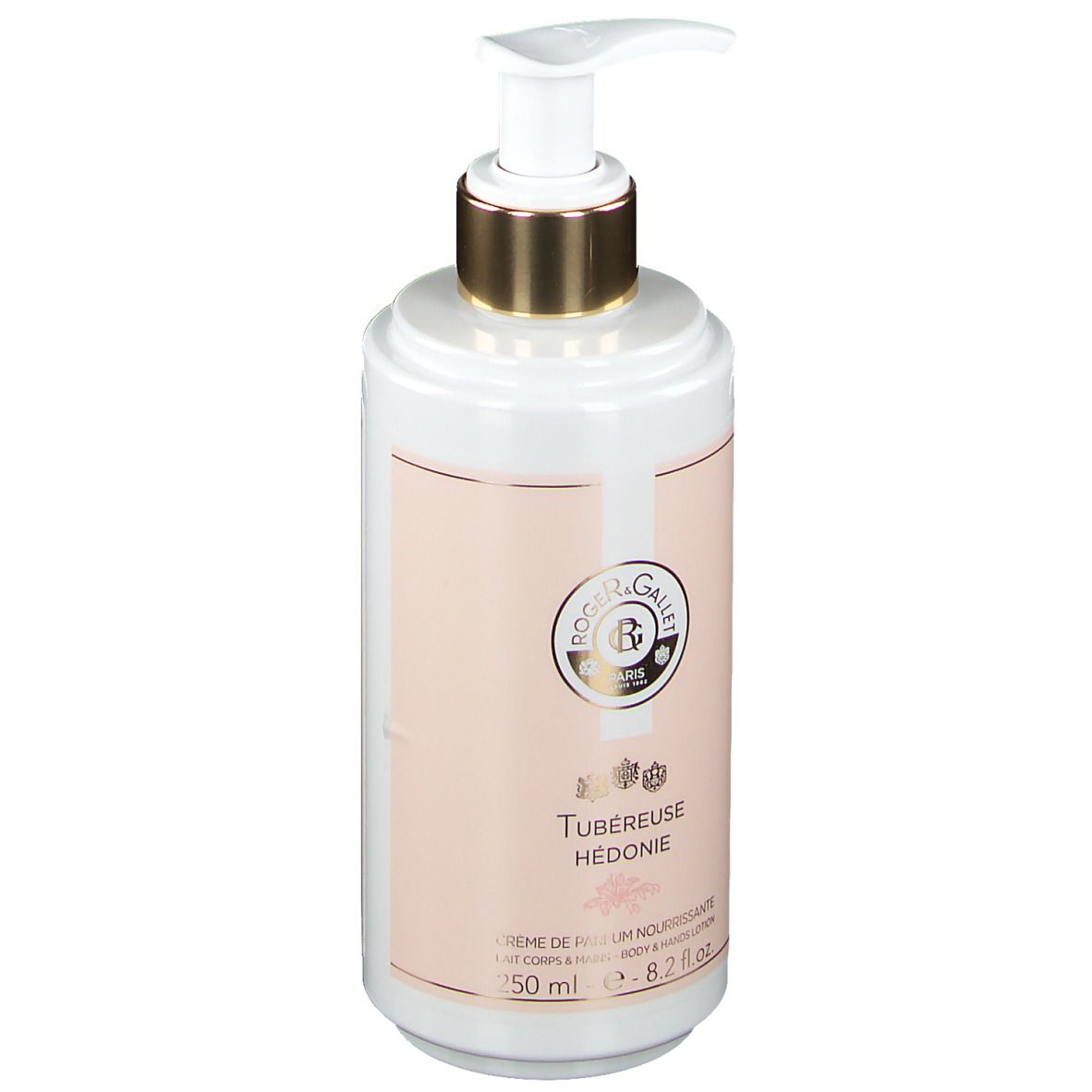 Flacon blanc avec étiquette rose. Tête de pompe dorée. Inscription: Tubereuse Hedonie, 250 ml.