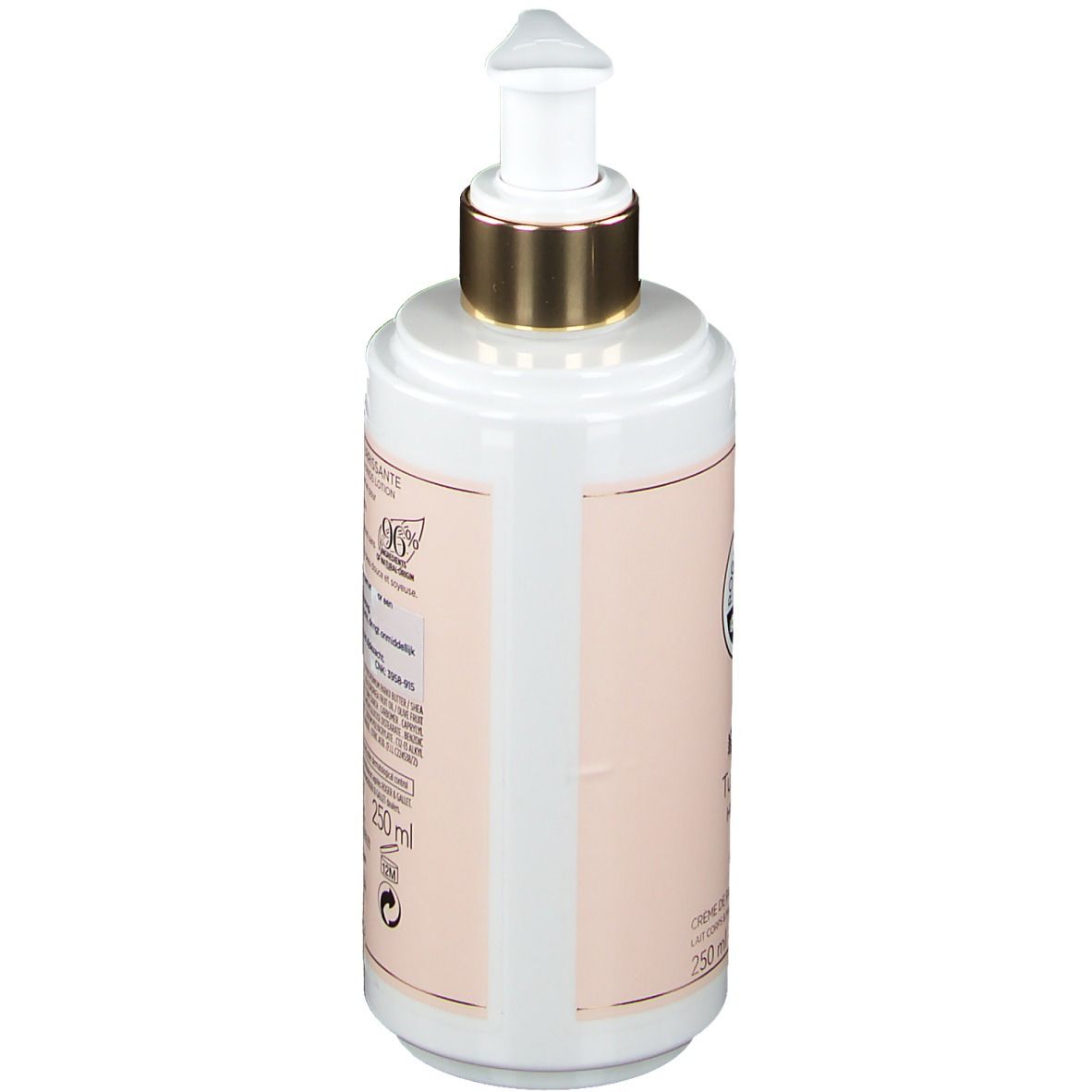Flacon blanc avec étiquette rose. Tête de pompe dorée. Inscription: Tubereuse Hedonie, 250 ml.