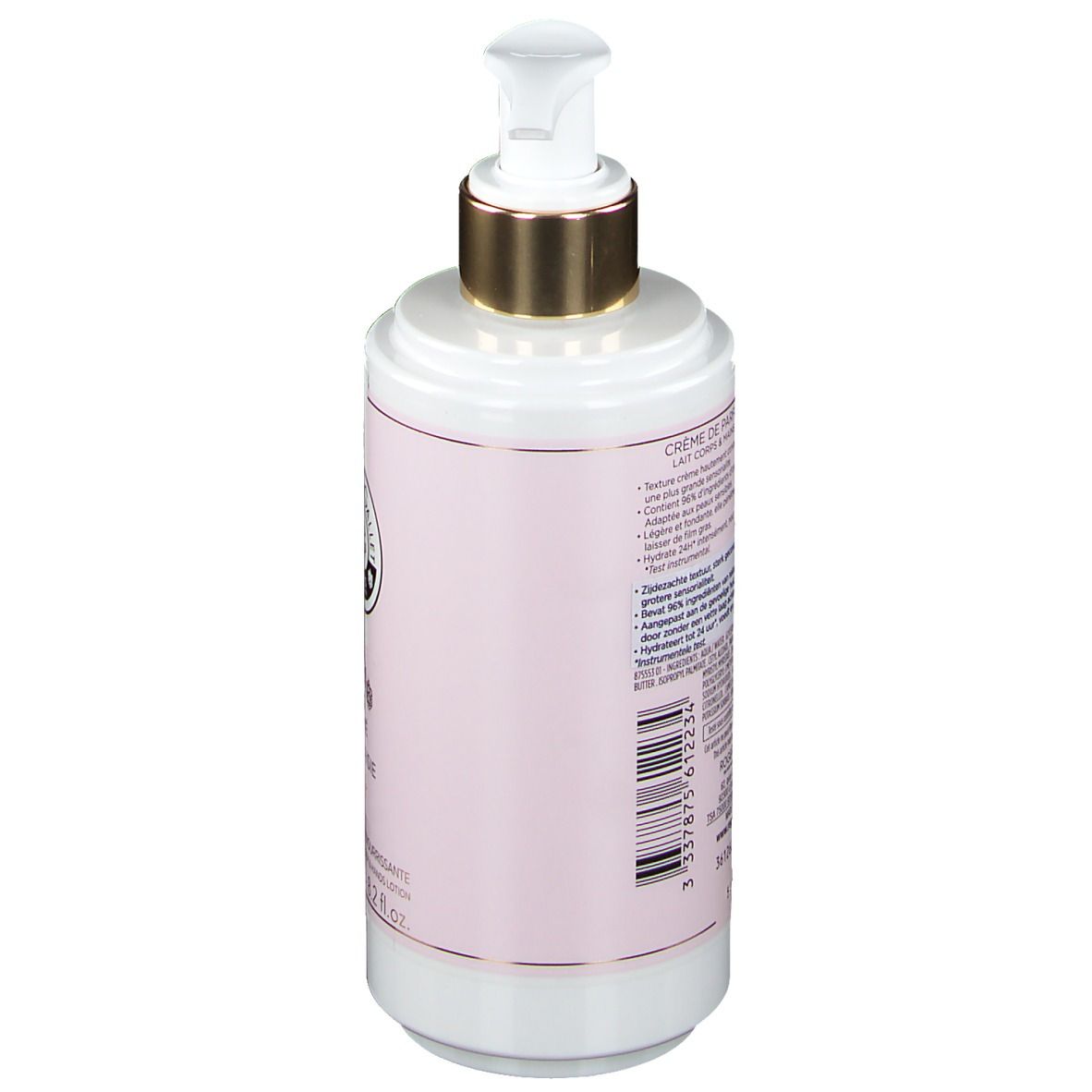 Flacon blanc avec étiquette rose. Tête de pompe dorée. Inscription : Roger & Gallet, Thé Fantaisie, Crème de Parfum Nourrissante.