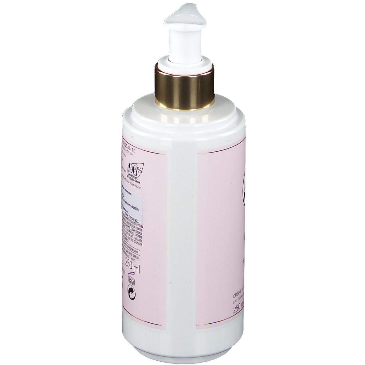 Flacon blanc avec étiquette rose. Tête de pompe dorée. Inscription : Roger & Gallet, Thé Fantaisie, Crème de Parfum Nourrissante.