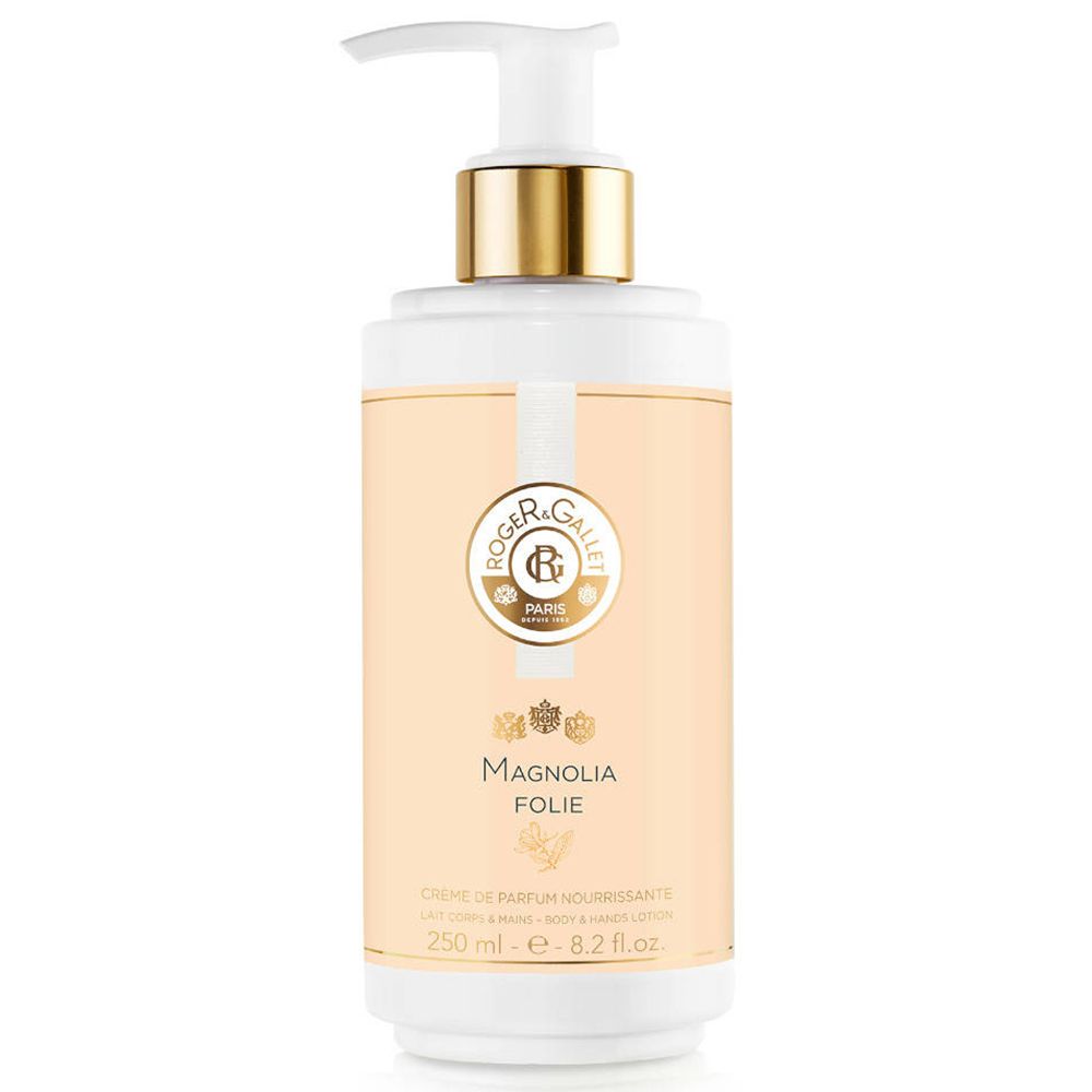 Flacon de crème avec pompe. Blanc, pompe dorée. Inscription: Magnolia Folie, Crème de Parfum Nourrissante, 250 ml.