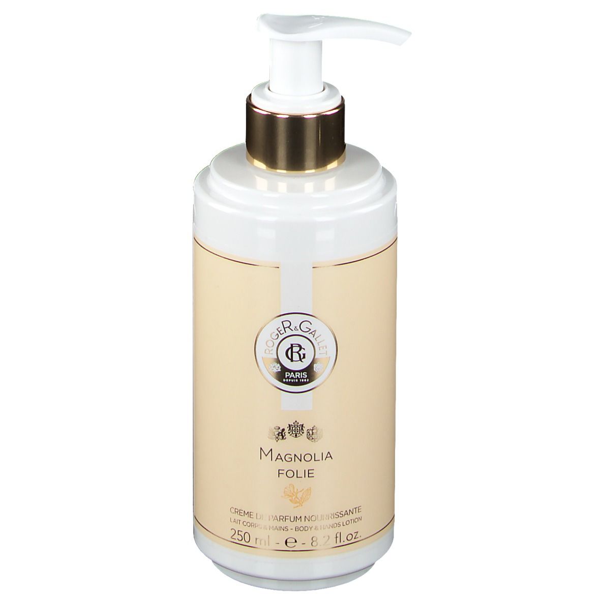 Flacon de crème avec pompe. Blanc, pompe dorée. Inscription: Magnolia Folie, Crème de Parfum Nourrissante, 250 ml.