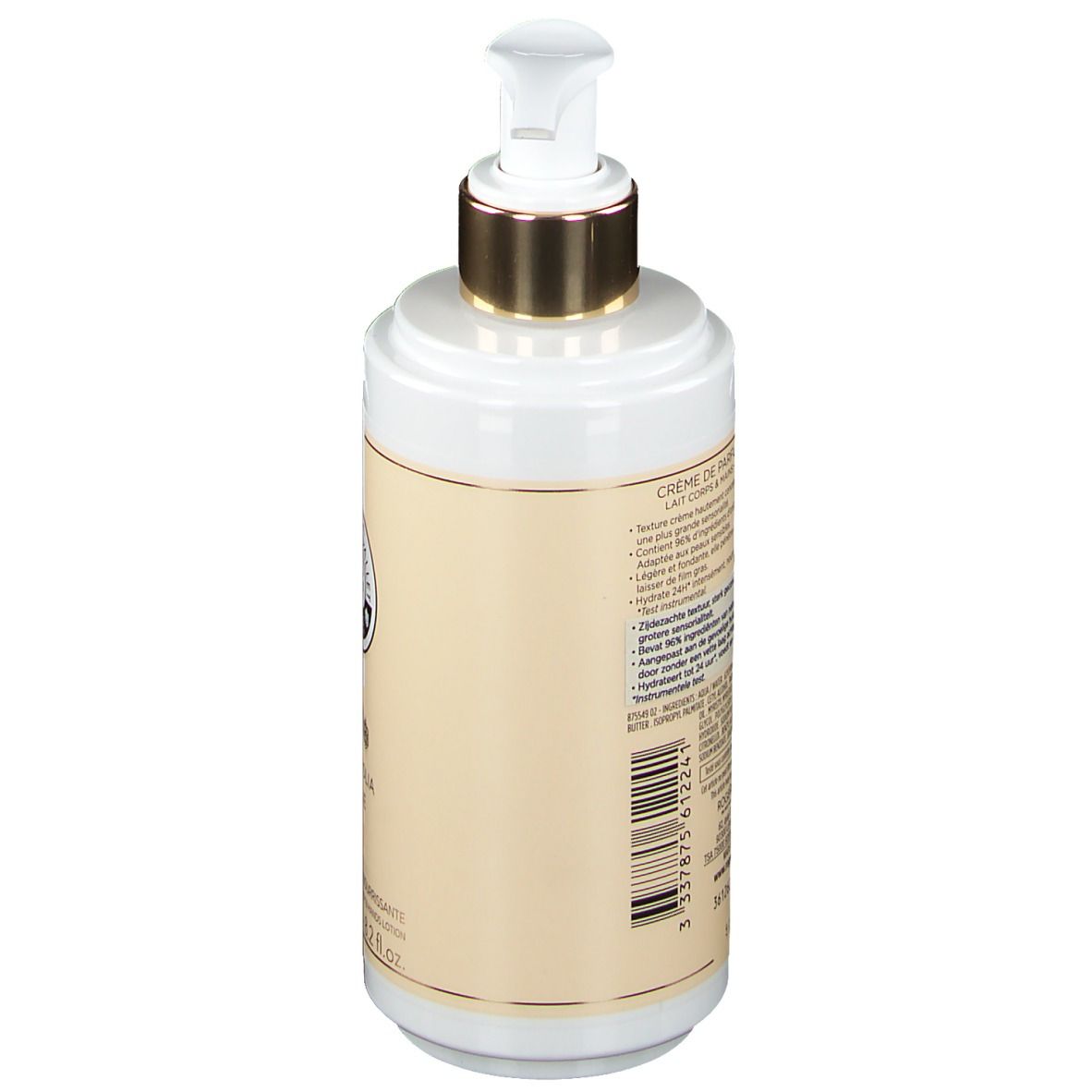 Flacon de crème avec pompe. Blanc, pompe dorée. Inscription: Magnolia Folie, Crème de Parfum Nourrissante, 250 ml.