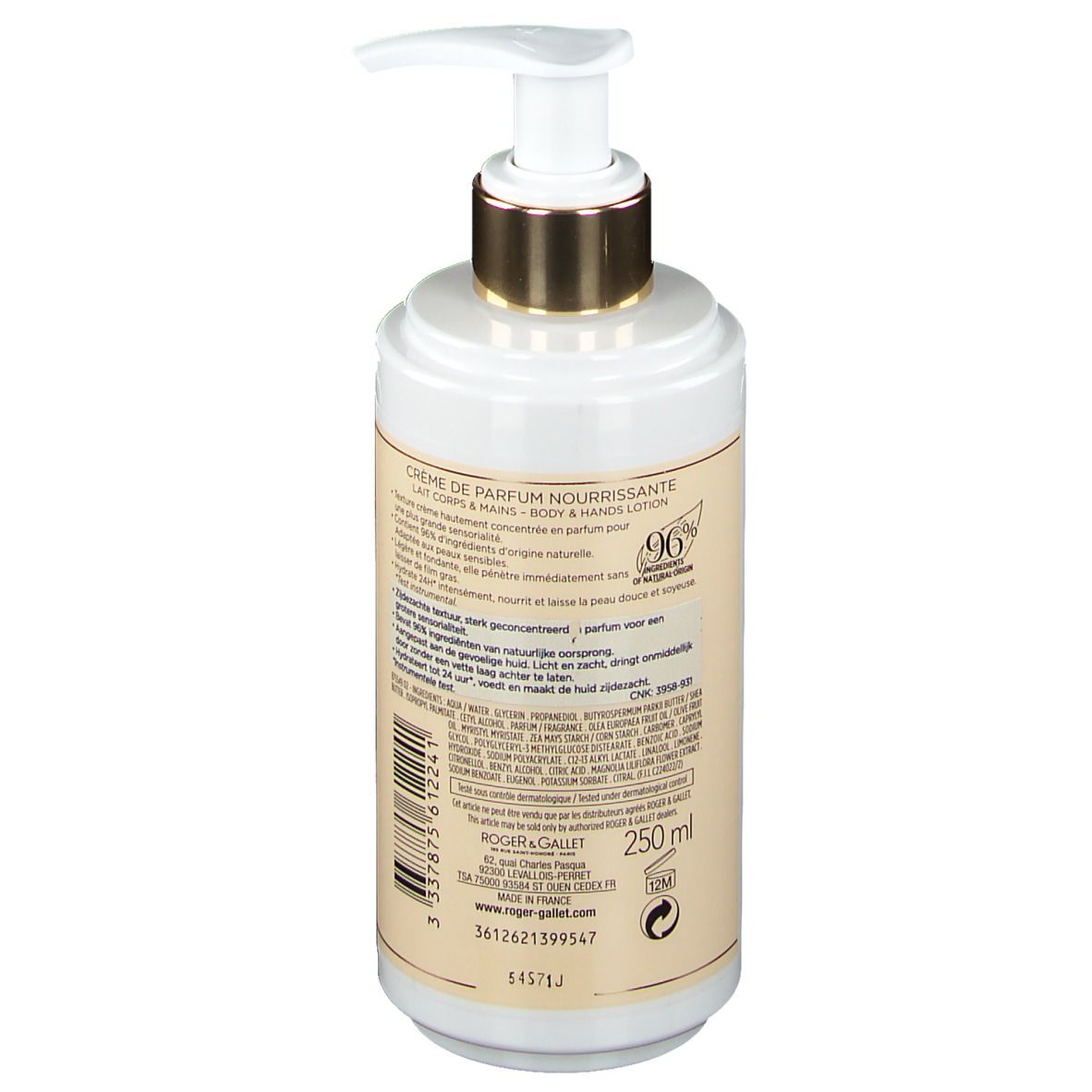 Flacon de crème avec pompe. Blanc, pompe dorée. Inscription: Magnolia Folie, Crème de Parfum Nourrissante, 250 ml.