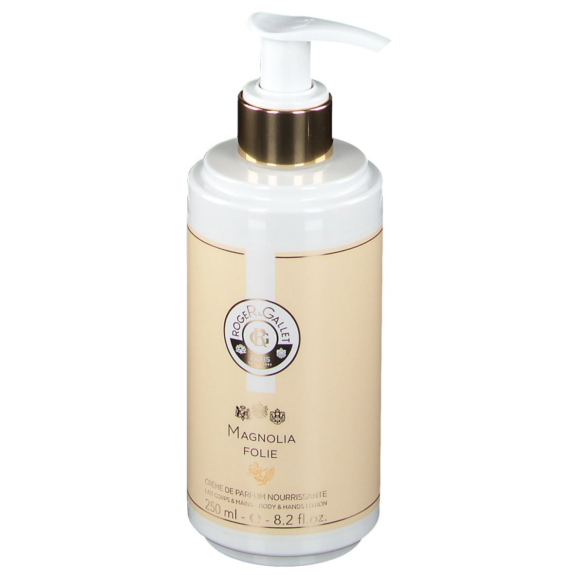 Flacon de crème avec pompe. Blanc, pompe dorée. Inscription: Magnolia Folie, Crème de Parfum Nourrissante, 250 ml.