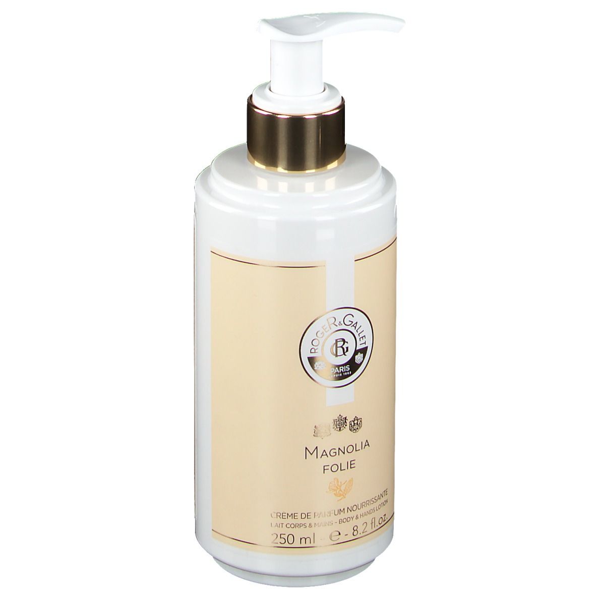 Flacon de crème avec pompe. Blanc, pompe dorée. Inscription: Magnolia Folie, Crème de Parfum Nourrissante, 250 ml.
