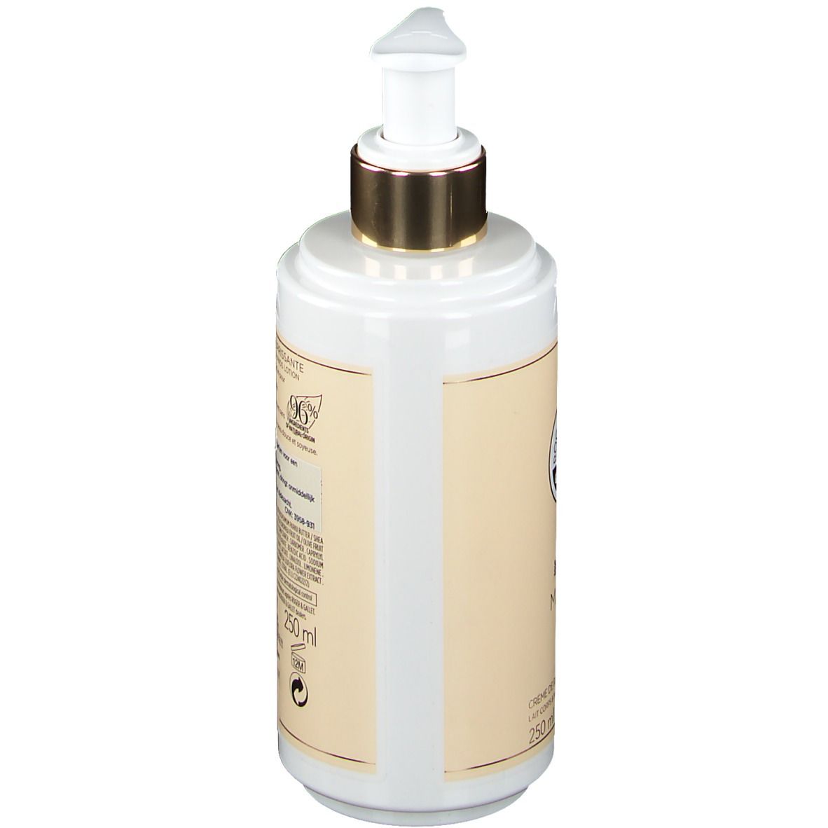 Flacon de crème avec pompe. Blanc, pompe dorée. Inscription: Magnolia Folie, Crème de Parfum Nourrissante, 250 ml.