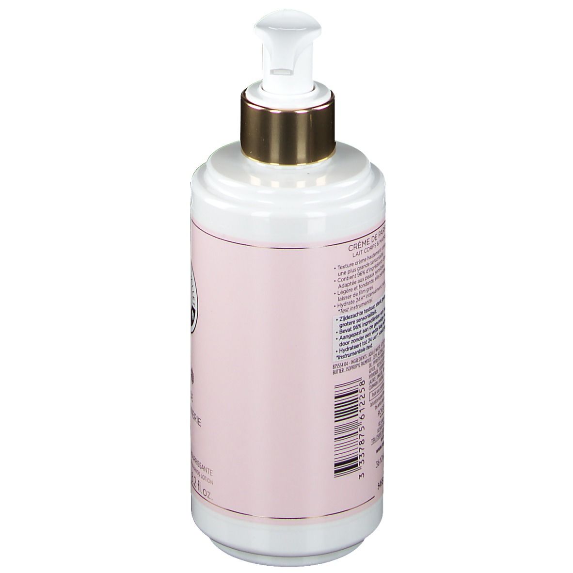 Flacon blanc avec étiquette rose. Tête de pompe dorée. Dos avec texte et code-barres.