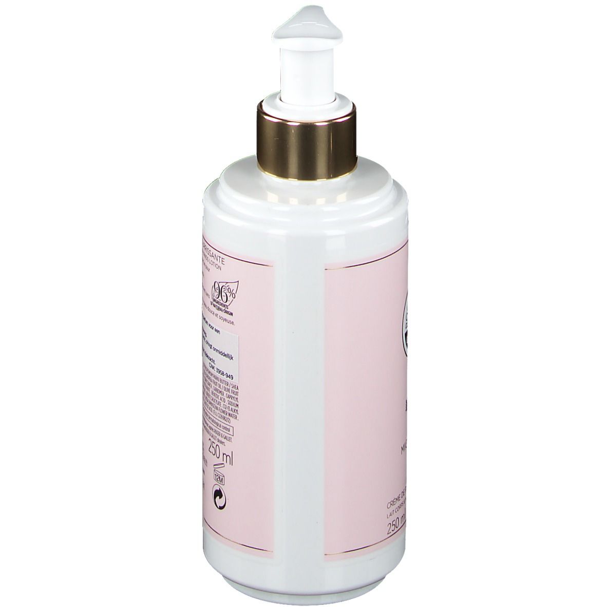 Flacon blanc avec étiquette rose. Tête de pompe dorée. Dos avec texte.