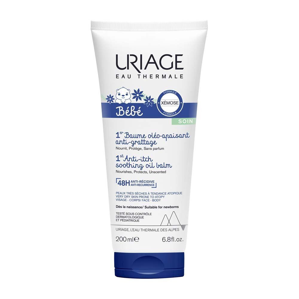 Tube de Baume oléo-apaisant anti-grattage Uriage Bébé Xémose. Contient 200ml. Bouchon bleu.
