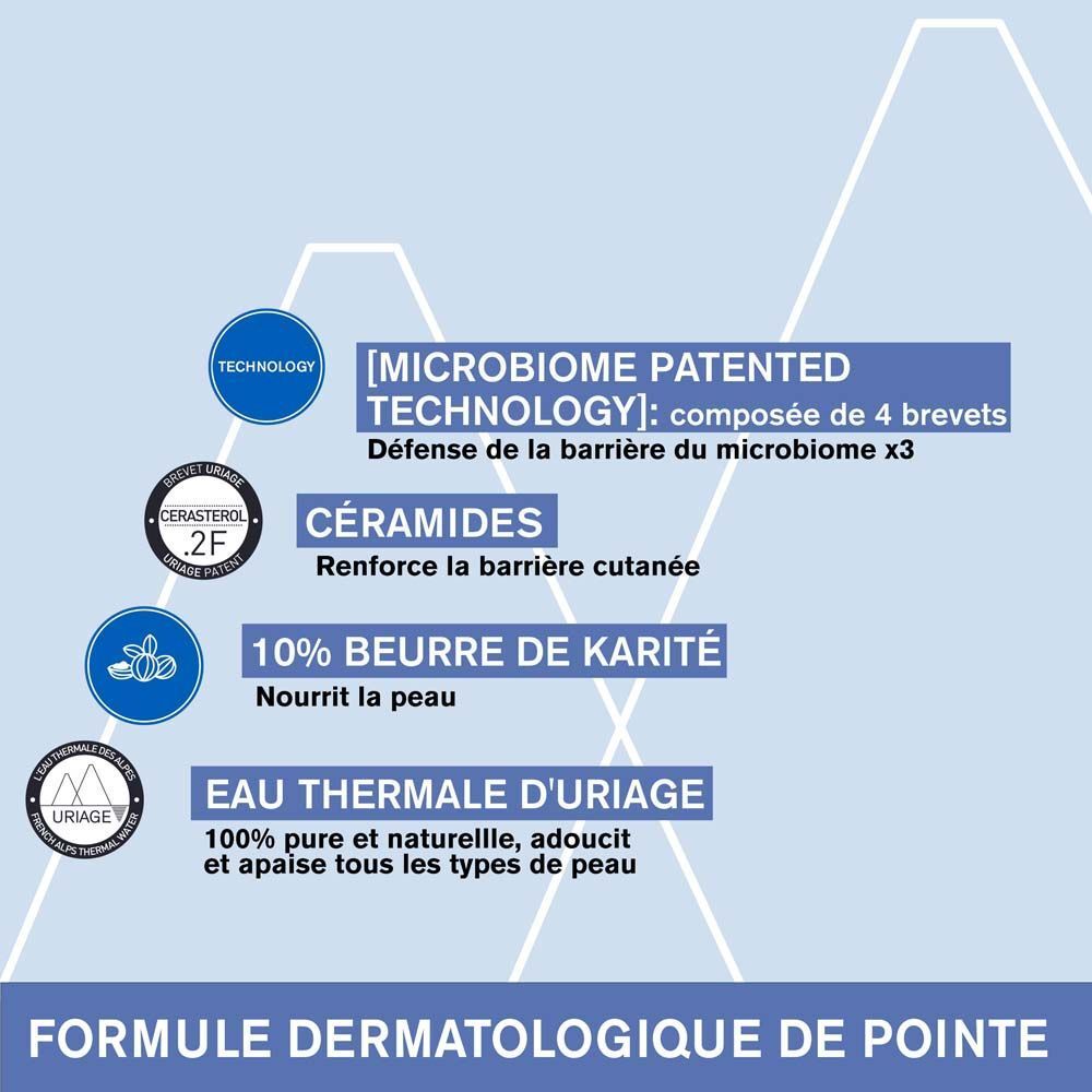 Dos du tube de Baume oléo-apaisant Uriage Bébé Xémose. Texte en français : recommandé par les pédiatres.